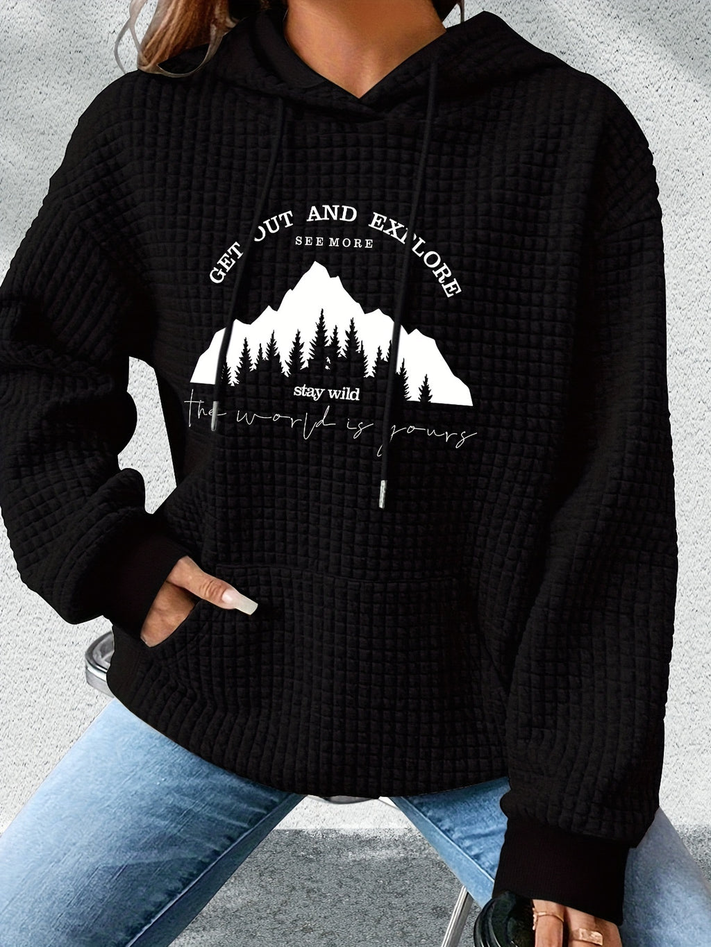 graphic print hoodie, drawstring casual hooded sweatshirt for winter & fall, Women's clothing, Loungewear, Winter Fashion, Urban Style, Geometric Pattern, Cozy Fabric, Quality Stitching, Unisex Style, Printed Hoodie, Women's