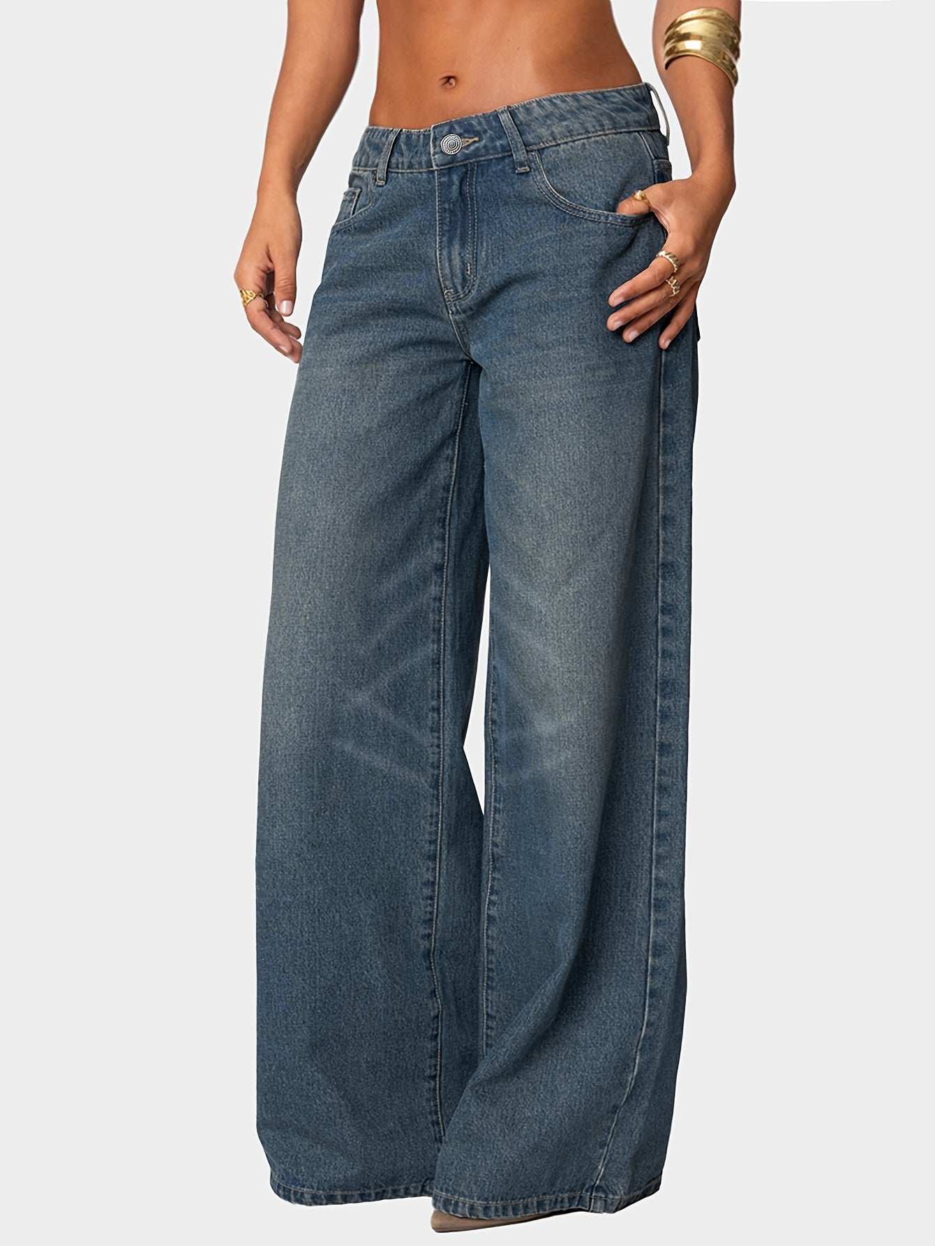 Women'S Y2K Vintage Washed Denim Pants - Retro Non-Stretch Straight-Leg Trousers with Button Closure, Low-Rise Casual Streetwear for Everyday & Urban Outfits, All-Season Comfort, Low Waist Design, Solid Color, Comfortable Fas