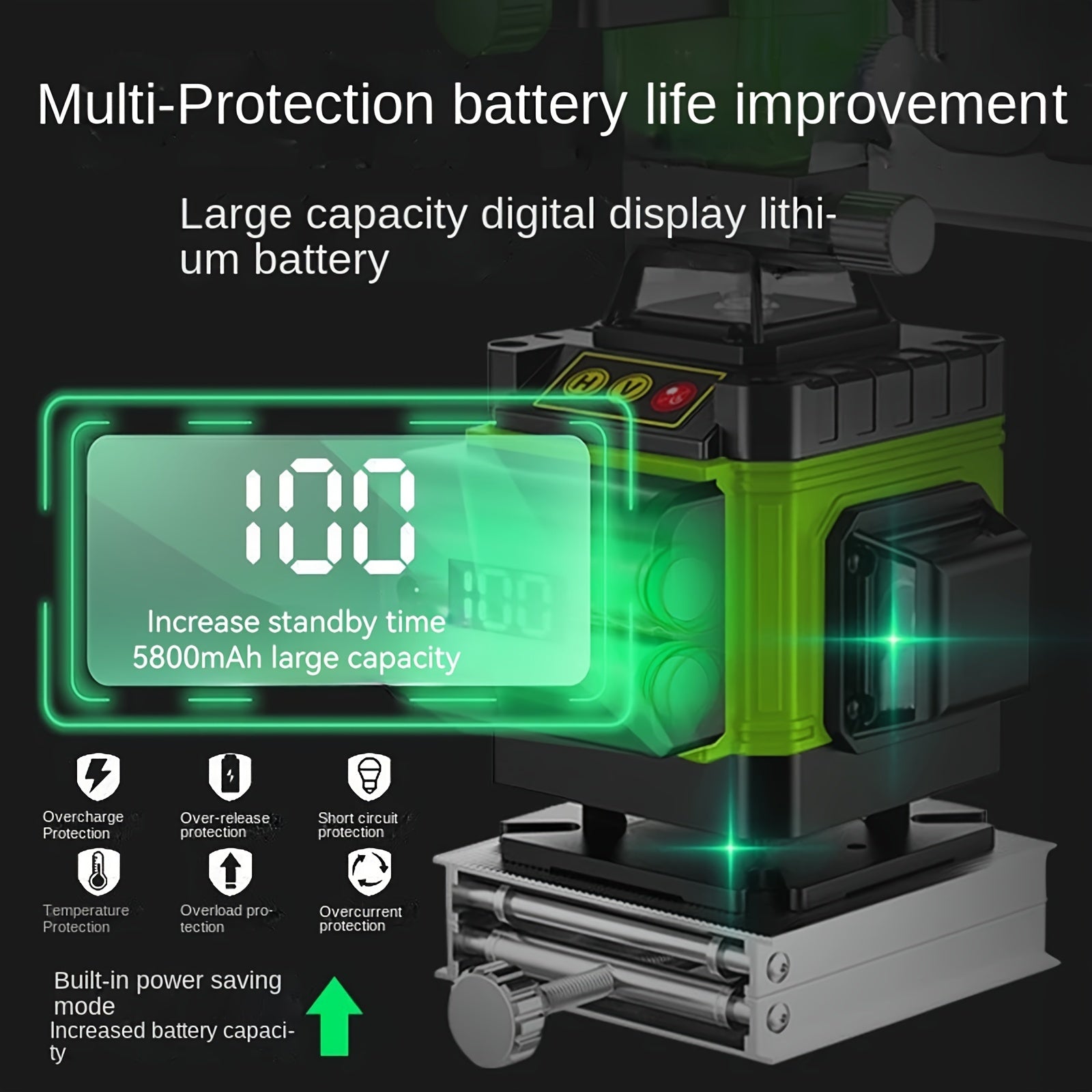 Cross Line Laser, Multifunctional 4D Laser With 12 Lines, Self-levelling Machine, Rechargeable Lithium Battery Level With 2 * 2400 MAh Batteries Green(without Tripod)