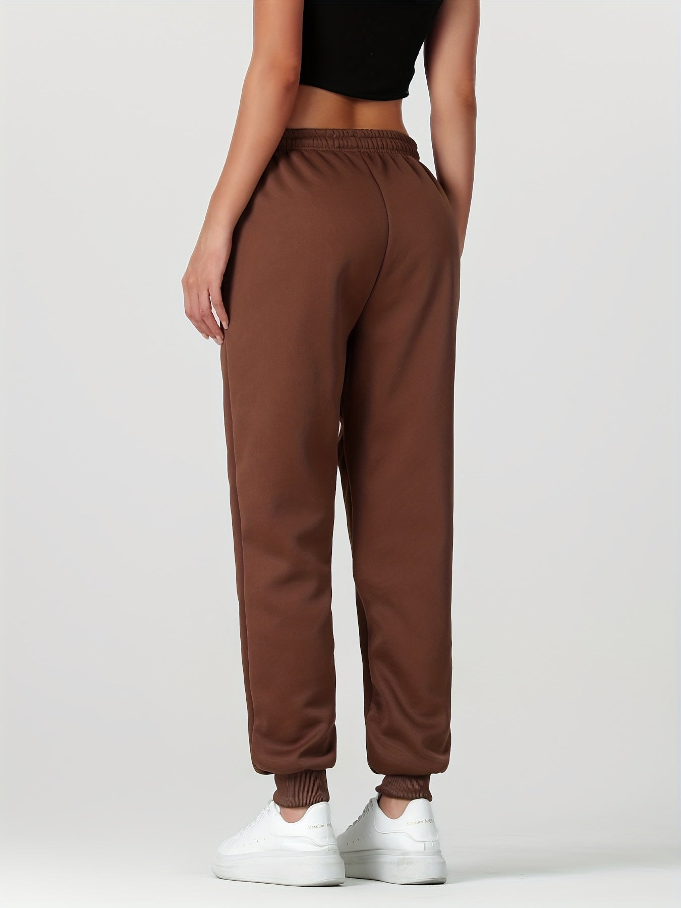 1pc Autumn Winter Women's Long Pants, Fleece-Lined Warm Casual Sports Trousers with Elastic Drawstring Waist, Slant Pockets, Windproof Thermal Cuffed Pants for Winter Daily Home Outing Hiking Leisure Wear