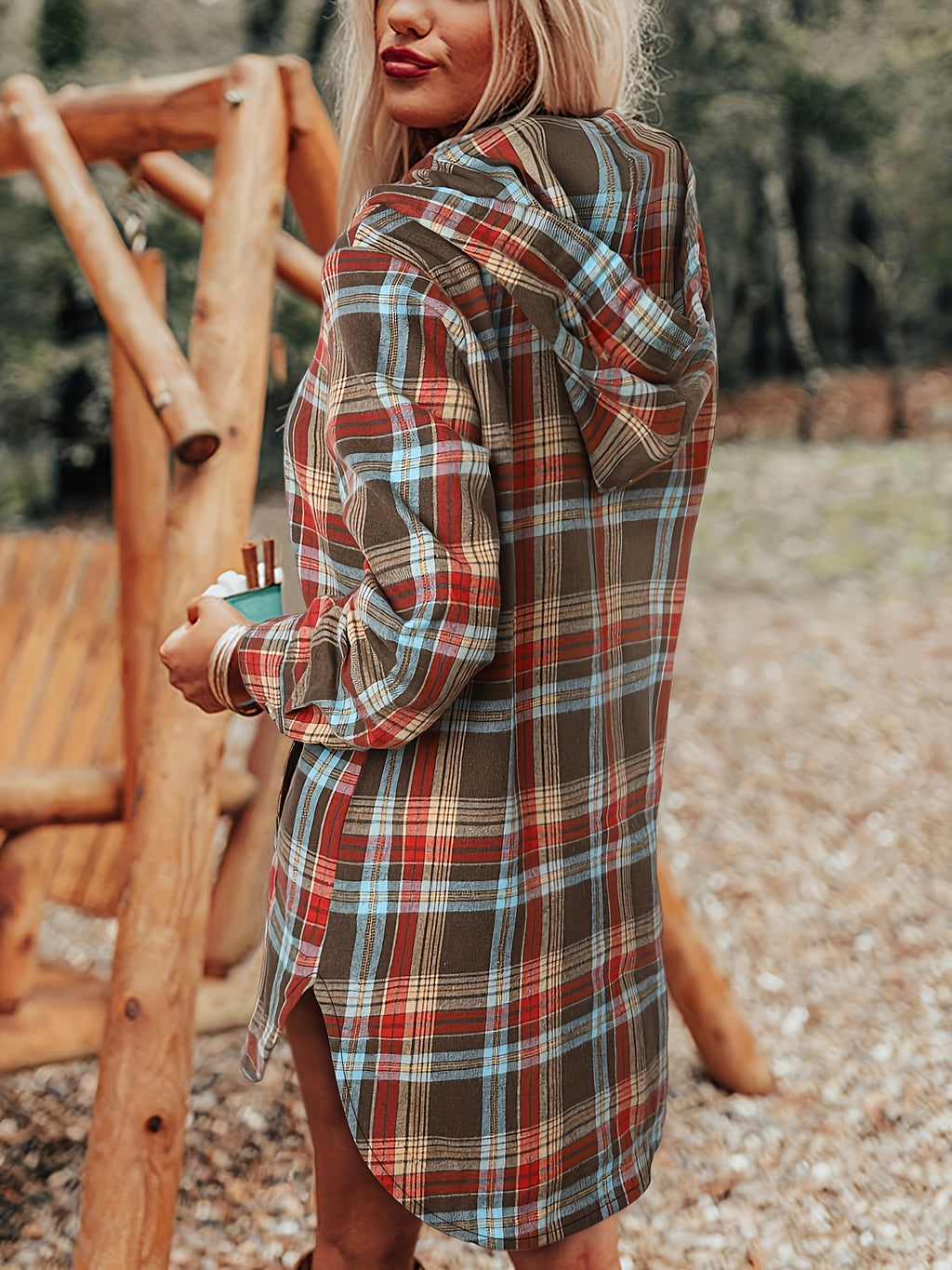 Early Autumn Fashion Retro Loose Hooded Button Sweatshirt Shirt for Women, Soft Contrast Plaid Design with Drawstring and Pockets