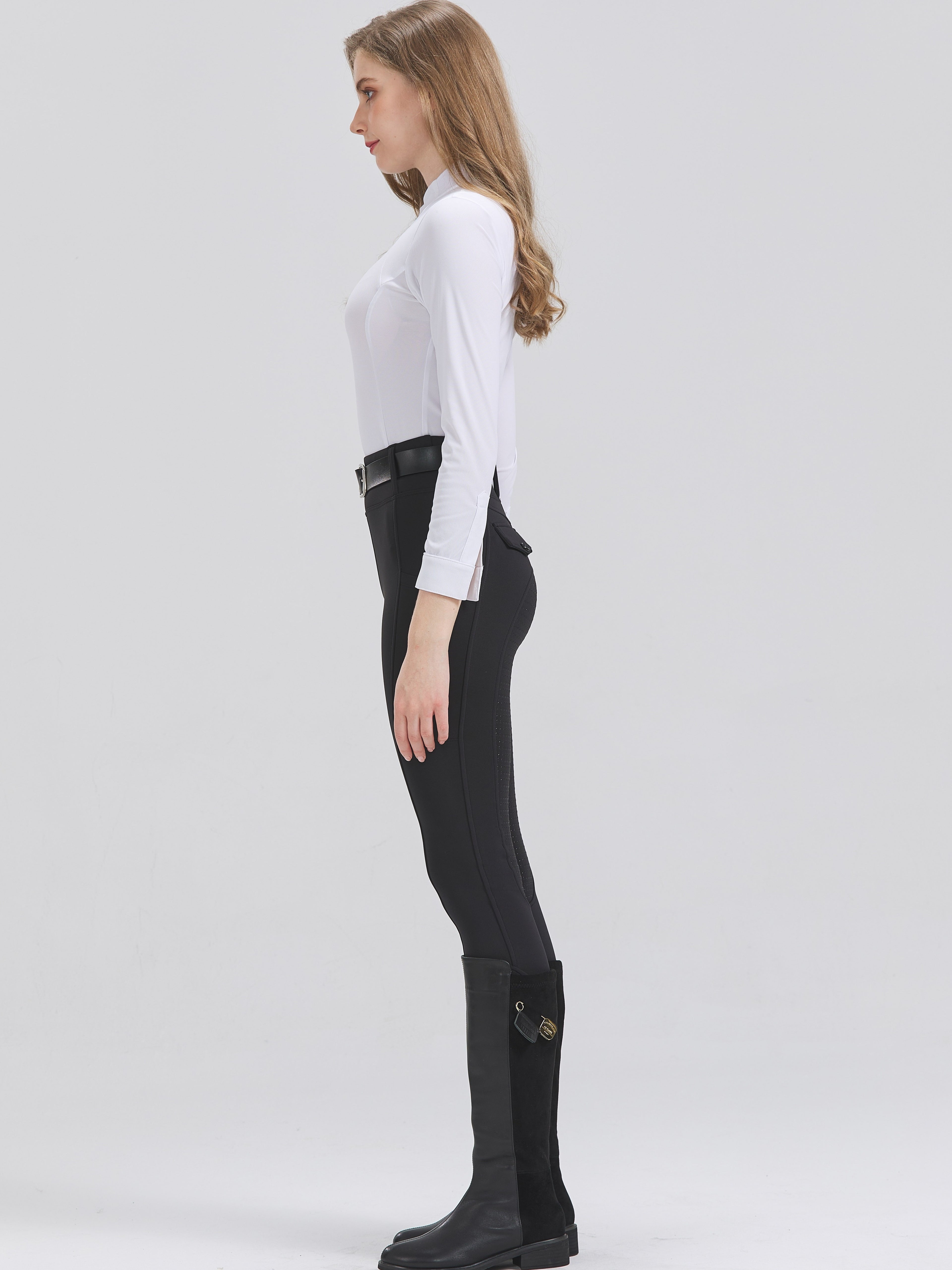 High-Elasticity Brushed Fabric Equestrian Pants with Silicone Grip, All-Season Horse Riding Tights with Pockets, Breathable and Durable