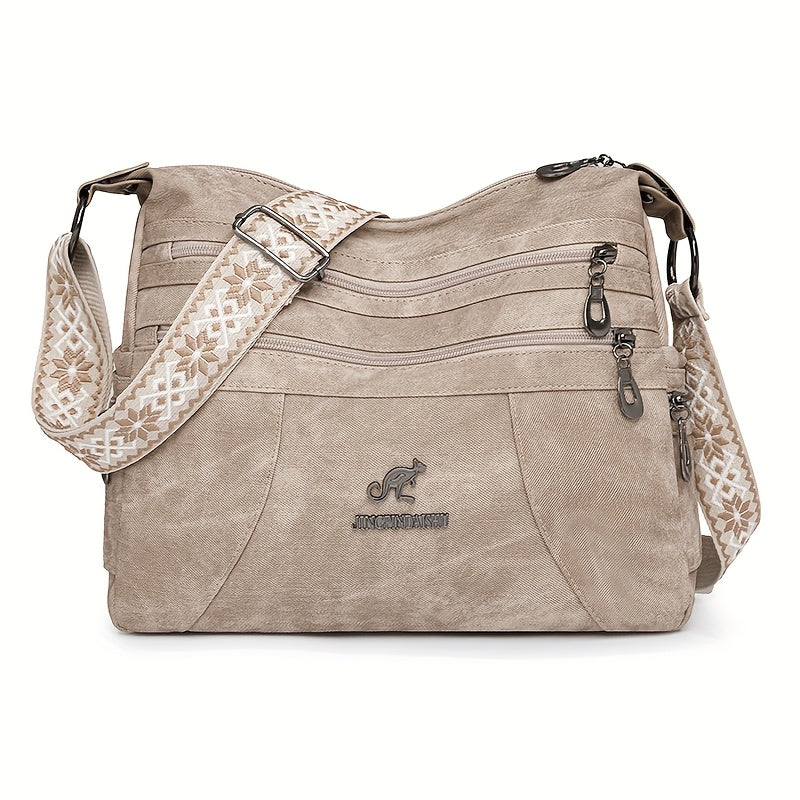 Vintage Style Women'S Shoulder Bag with Adjustable Strap, Multiple Zip Compartments, Synthetic Faux Leather, Polyester Lined - Available in Khaki, Black, Blue, Dark Green, Occasion Theme with Occasion Closure