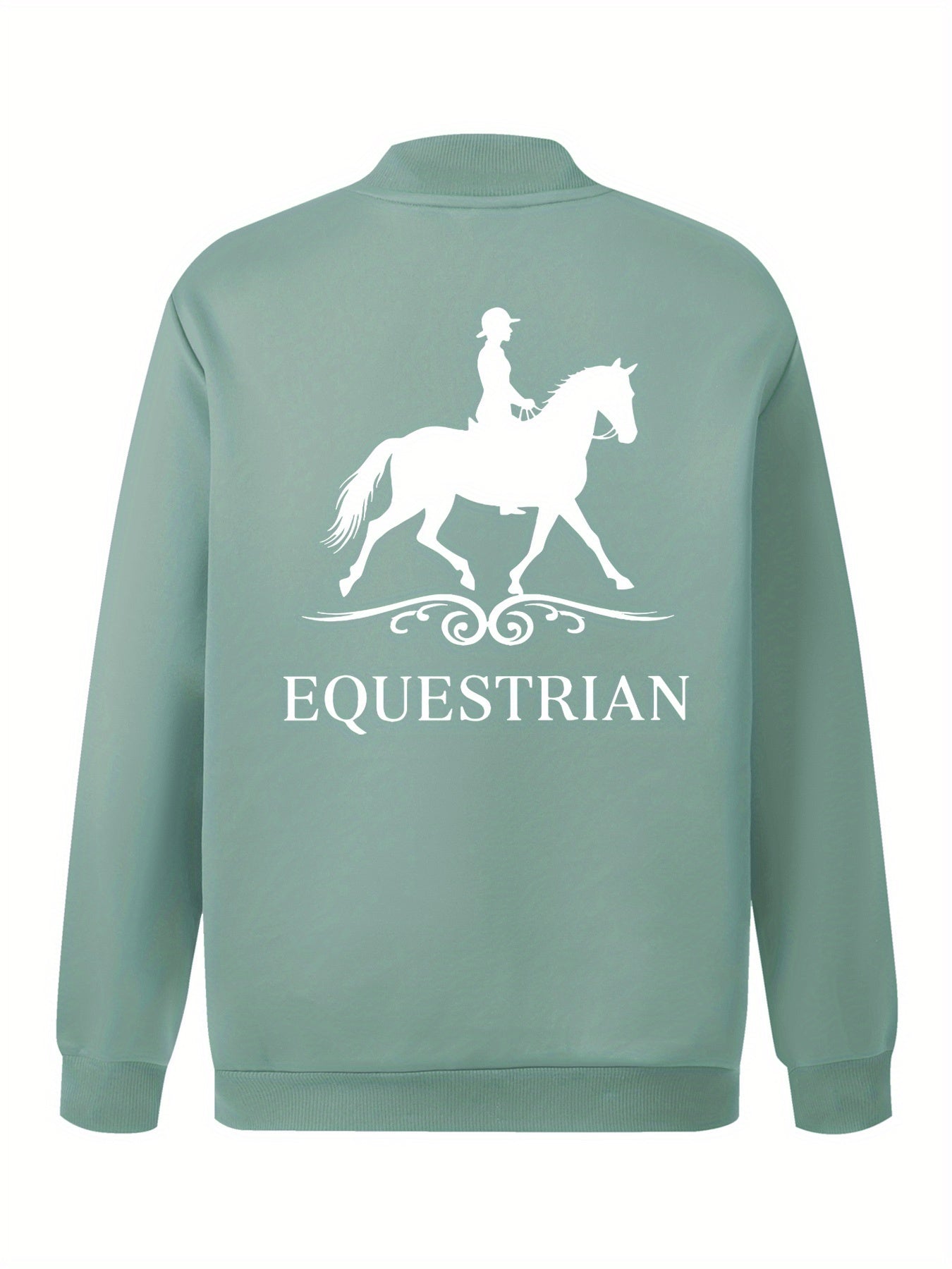 Women's Equestrian Print Casual Jacket - All-Season Comfort with Baseball Collar & Zip-Up Design, Long Sleeve Machine-Washable Coat with Pockets for Outdoor Activities, Equestrian Apparel, Durable Zipper Closure