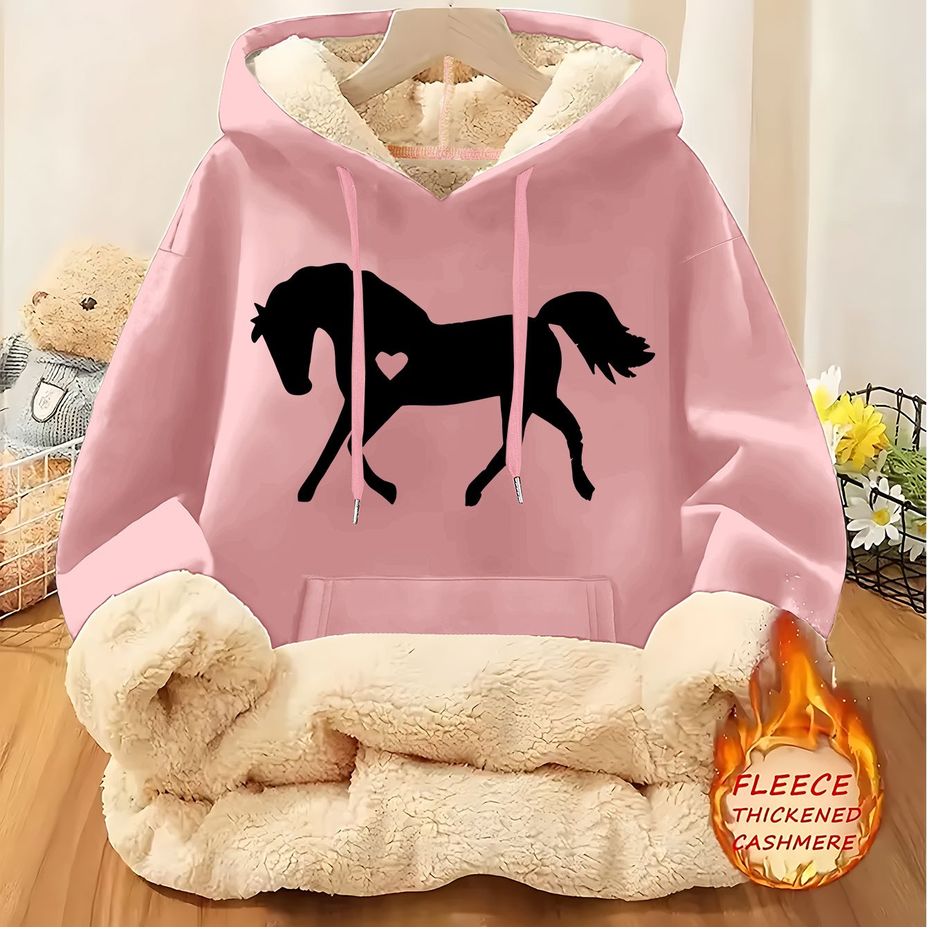 Women's Horse Print Hoodie Jacket - Pocket & Adjustable Hood, Cozy Winter Warm Pullover, Casual Long Sleeve Sizes XS-XXL (Machine Washable) - Fall & Winter Outerwear for Horseback Riding & Casual Attire