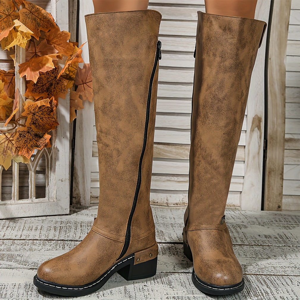 Vintage Style Women's Knee High Boots with Side Zipper, Chunky High Heel, Round Toe, Solid Color, Faux Leather, TPR Sole, Casual Fall Collection