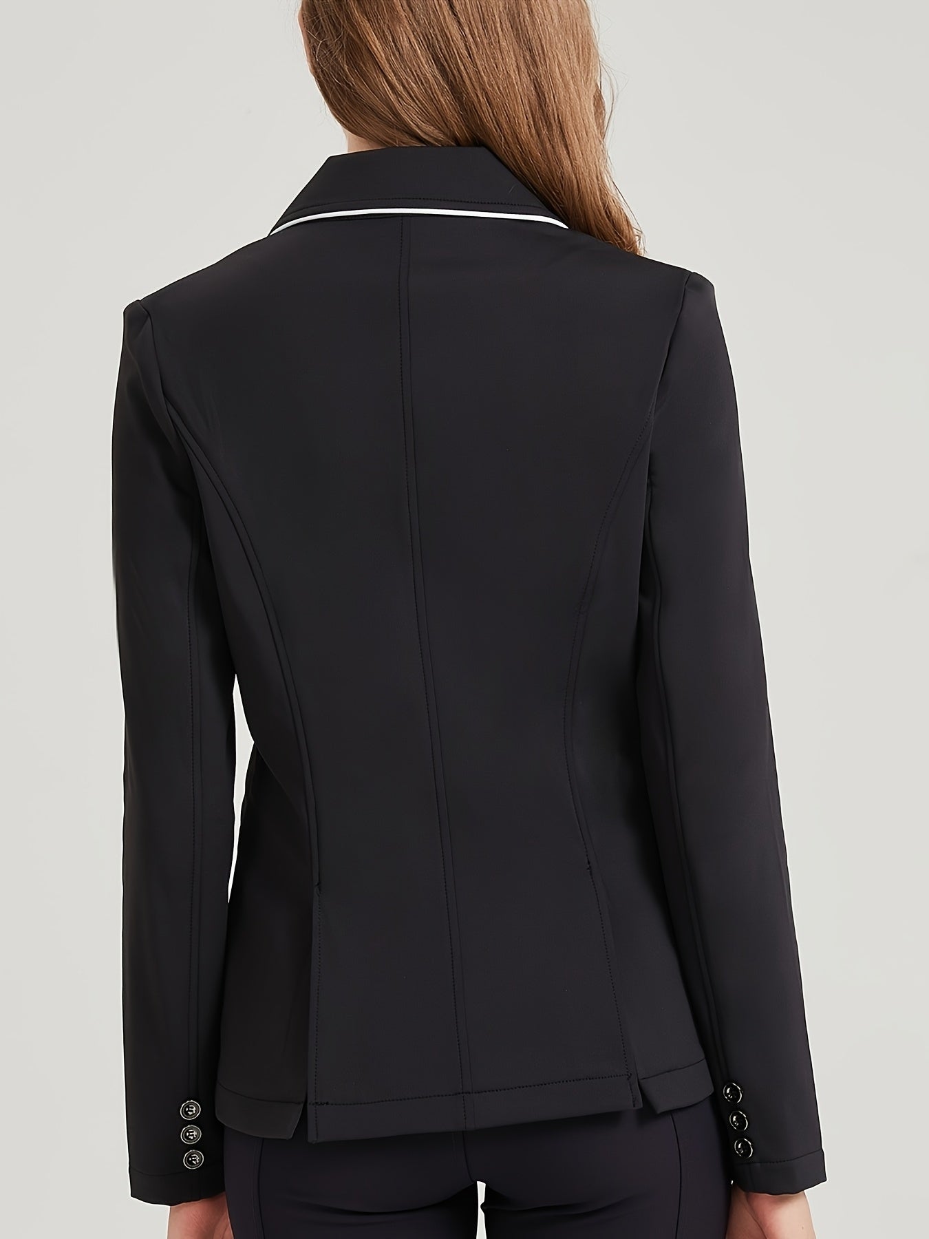 Women's Elegant Equestrian Suit Jacket - Polyester Blend, Spandex-Enhanced, High Stretch, Lapel Collar, Slim Fit, Long Sleeve with Button Details, Woven Color Block Pattern Riding Blazer for All Seasons