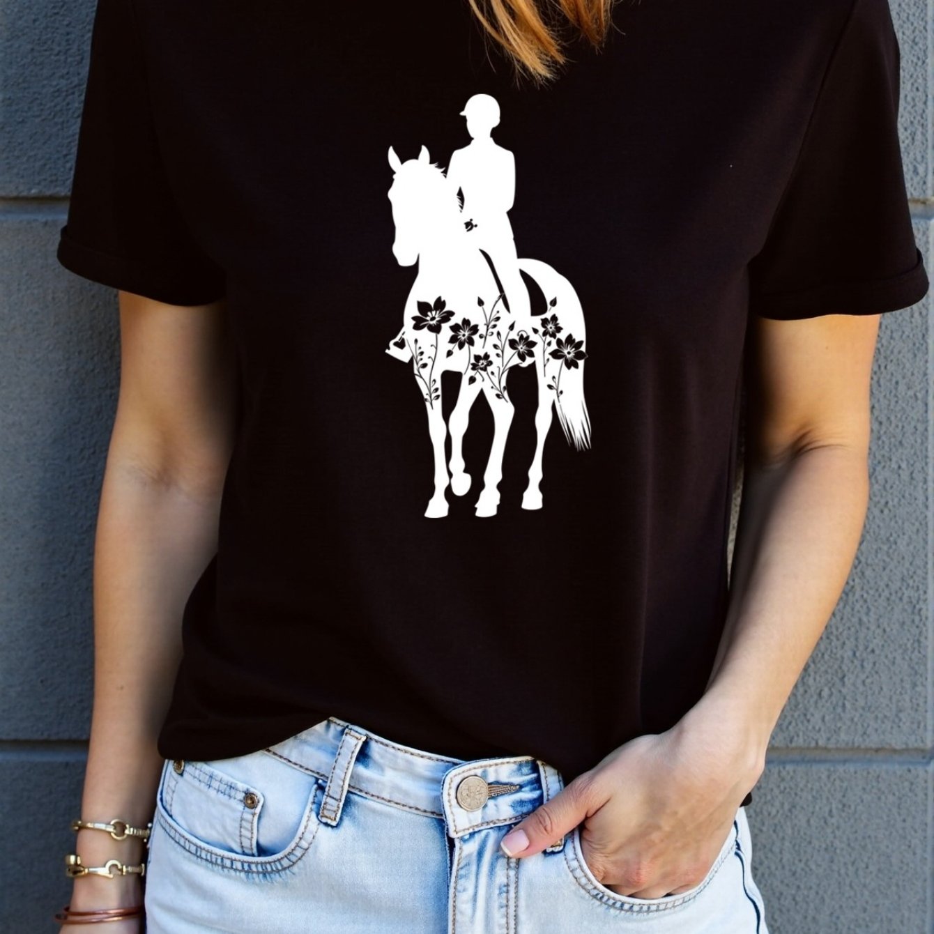 Women'S Equestrian Graphic Tee - Soft Breathable Quick-Dry Polyester Blend T-Shirt, Black with White Horseback Rider Design, All-Season Casual Shirt for Horseback Riding, Everyday Outfits & Themed Events - Easy Care Round Nec
