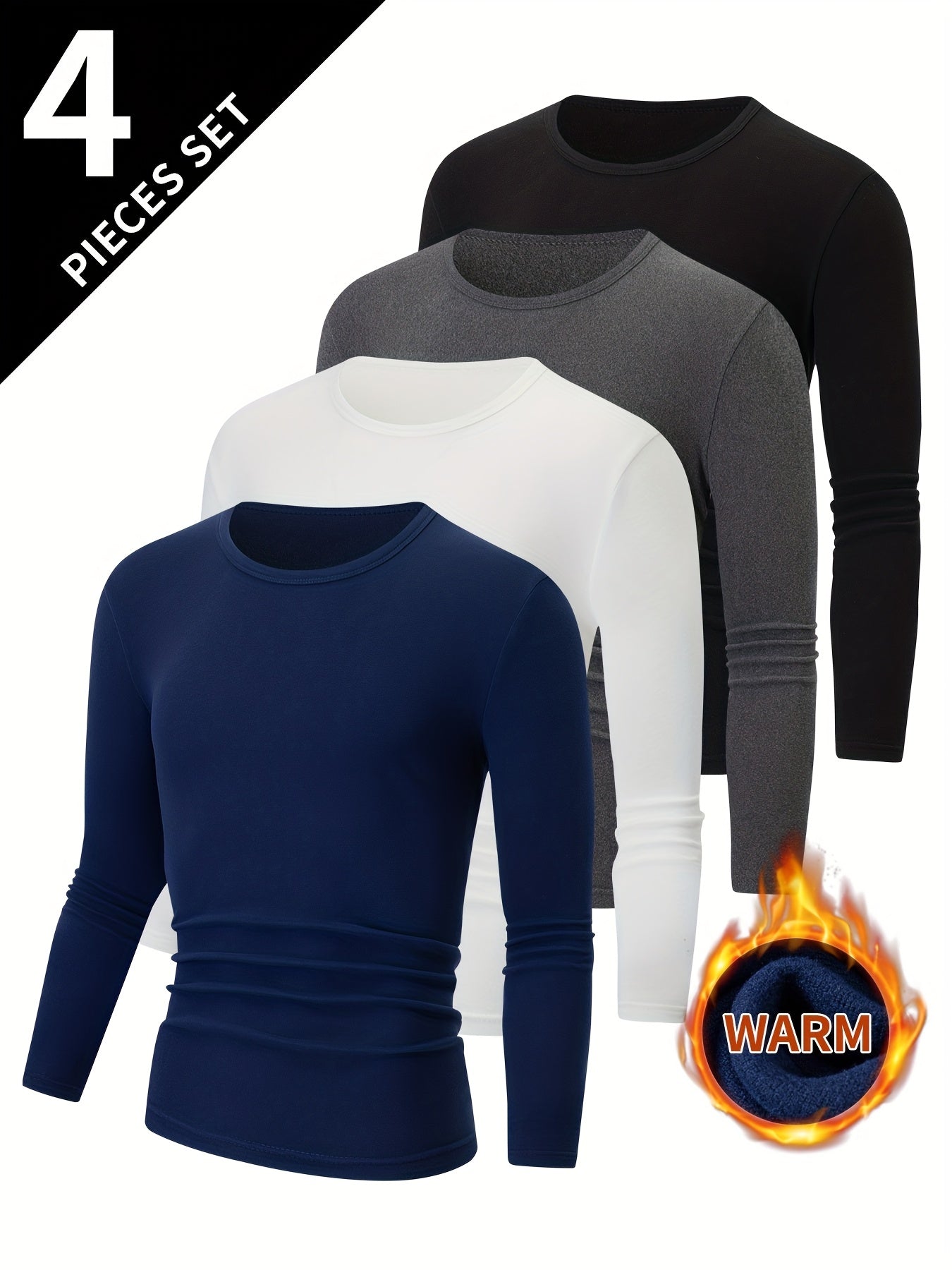 4pcs Men's Thermal Base Layer Long Sleeve Round Neck T-Shirts - Solid Color Warm Winter Layering Shirts, Casual Underwear for Cold Weather, Hand Washable (Bulk Pack for Easy Organization) - Compatible with Jeans & Dress Pants