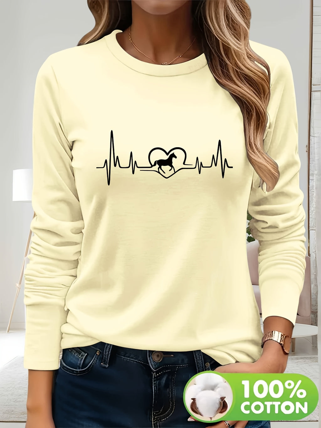 Women's 100% Cotton Long Sleeve T-Shirt - Heartbeat & Galloping Horse Graphic Print, Light Yellow Casual Round Neck Top for Spring/Summer, Machine Washable, Spring Summer Apparel, Unique Graphic Tee, Breathable Fabric, Spring