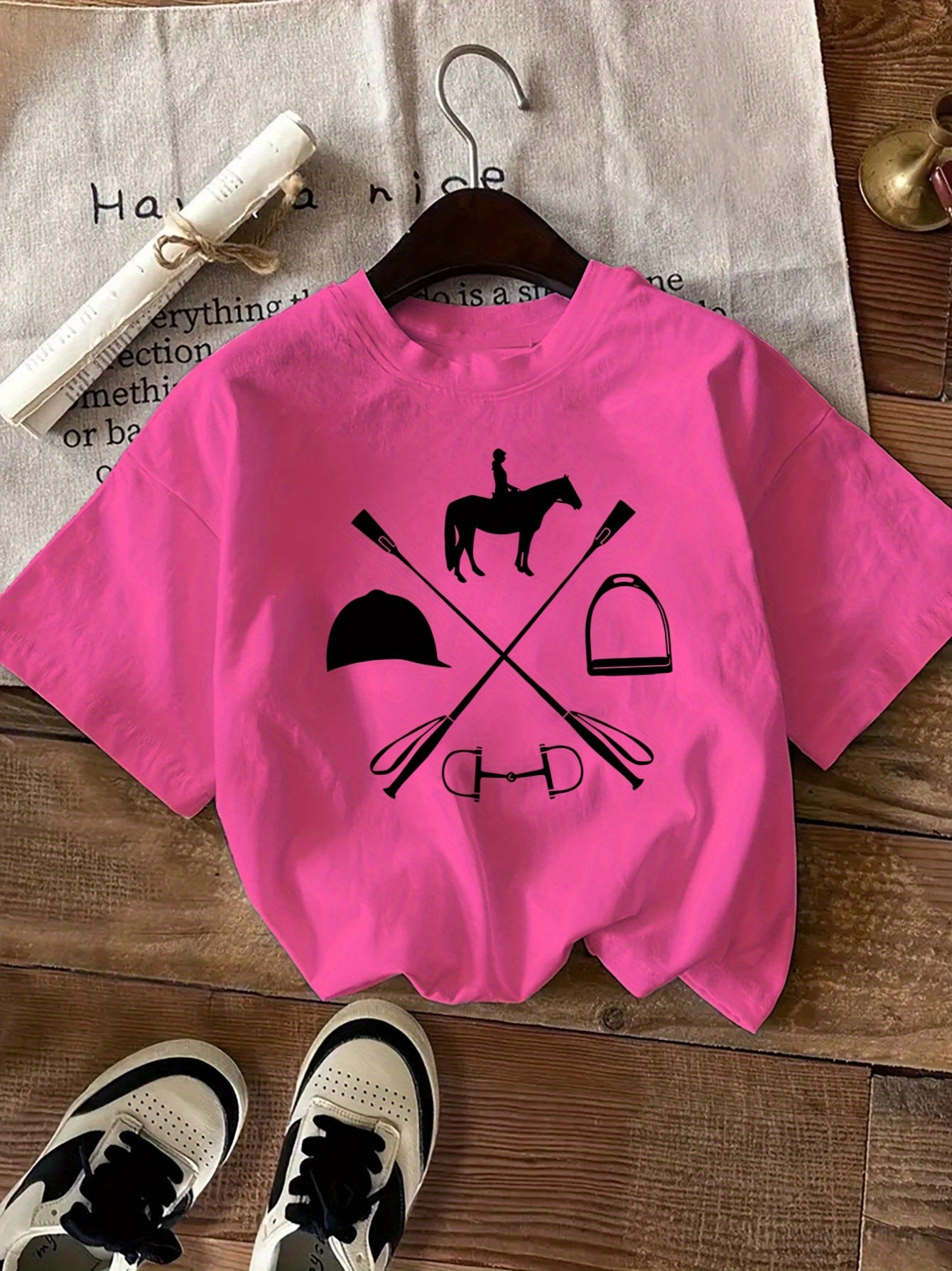 Women's Equestrian & Geometric Print Short Sleeve Crew Neck T-Shirt - Vibrant Red with Black Horseback Riding Design, Breathable Machine-Washable Casual Top for Summer, Spring & All-Season Wear, Horse Shirt, Summer Fashion, S