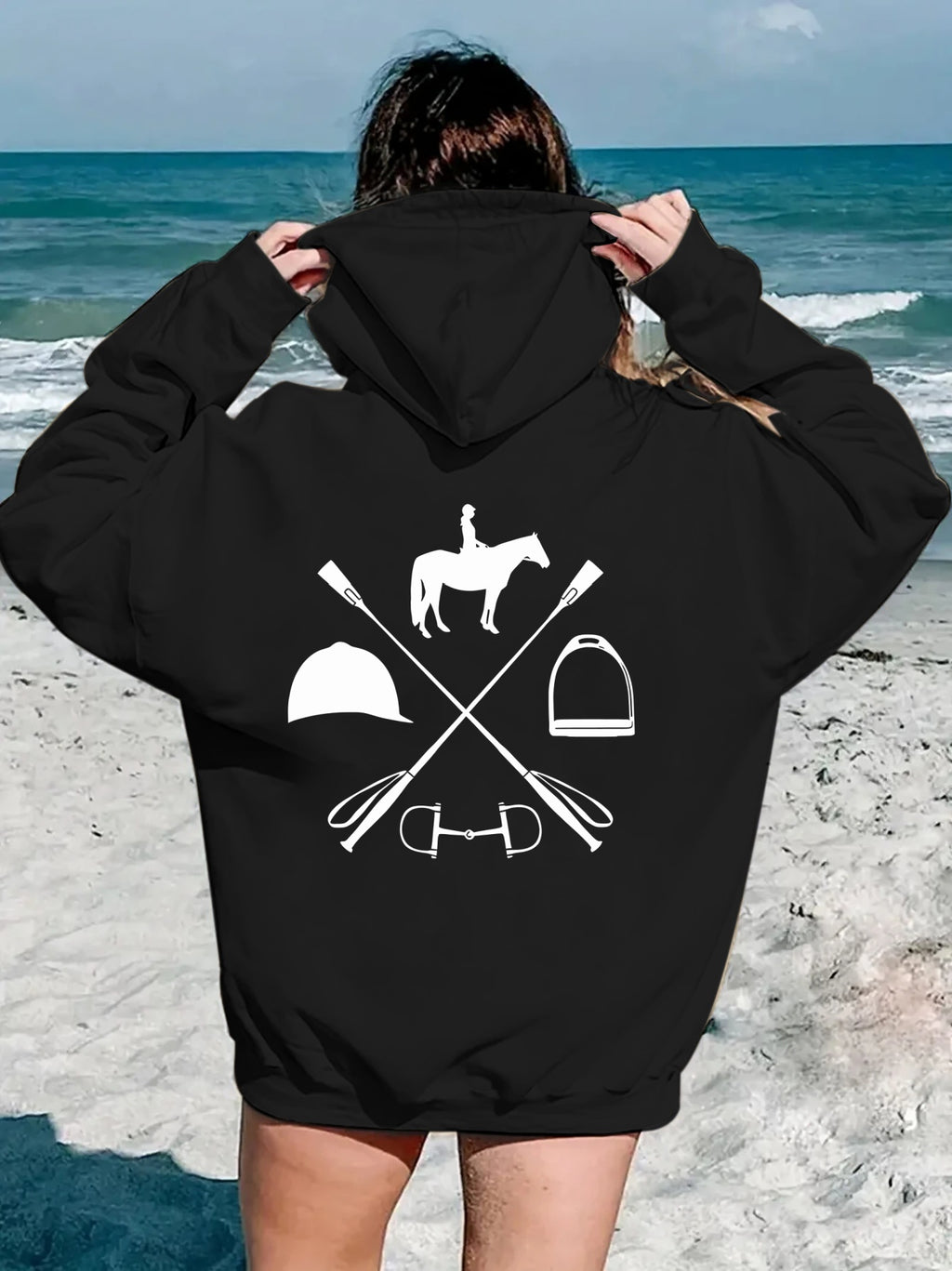 Women's Hooded Sweatshirt - Japanese Horseback Riding Design with Horse & Jockey Print, Soft Loose-Fit Pullover, Machine Washable All-Season Casual Sweater for Horse Riding & Casual Attire (Pockets, Long Sleeve) - Ideal for E