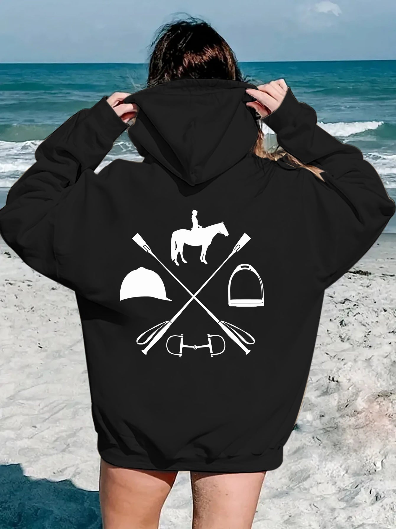 Women's Hooded Sweatshirt - Japanese Horseback Riding Design with Horse & Jockey Print, Soft Loose-Fit Pullover, Machine Washable All-Season Casual Sweater for Horse Riding & Casual Attire (Pockets, Long Sleeve) - Ideal for E