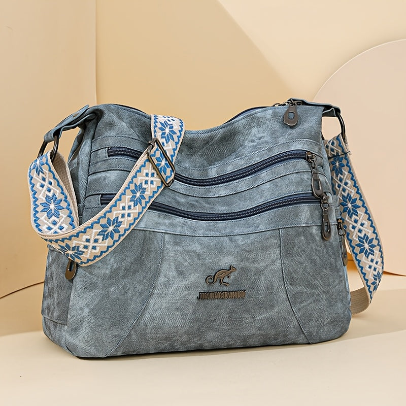 Vintage Style Women'S Shoulder Bag with Adjustable Strap, Multiple Zip Compartments, Synthetic Faux Leather, Polyester Lined - Available in Khaki, Black, Blue, Dark Green, Occasion Theme with Occasion Closure