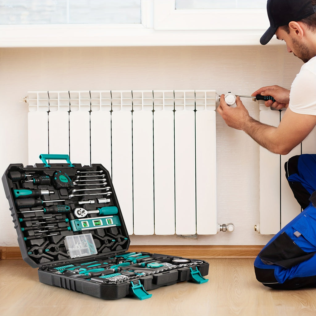 198pcs Heavy-Duty Industrial Hand Tool Set with Socket Wrenches, Screwdrivers, Pliers & Hammer - All-in-One Portable Toolbox with Sturdy Carrying Case, Ergonomic Handle & Organized Compartments - Ideal for Auto Repair, Home M