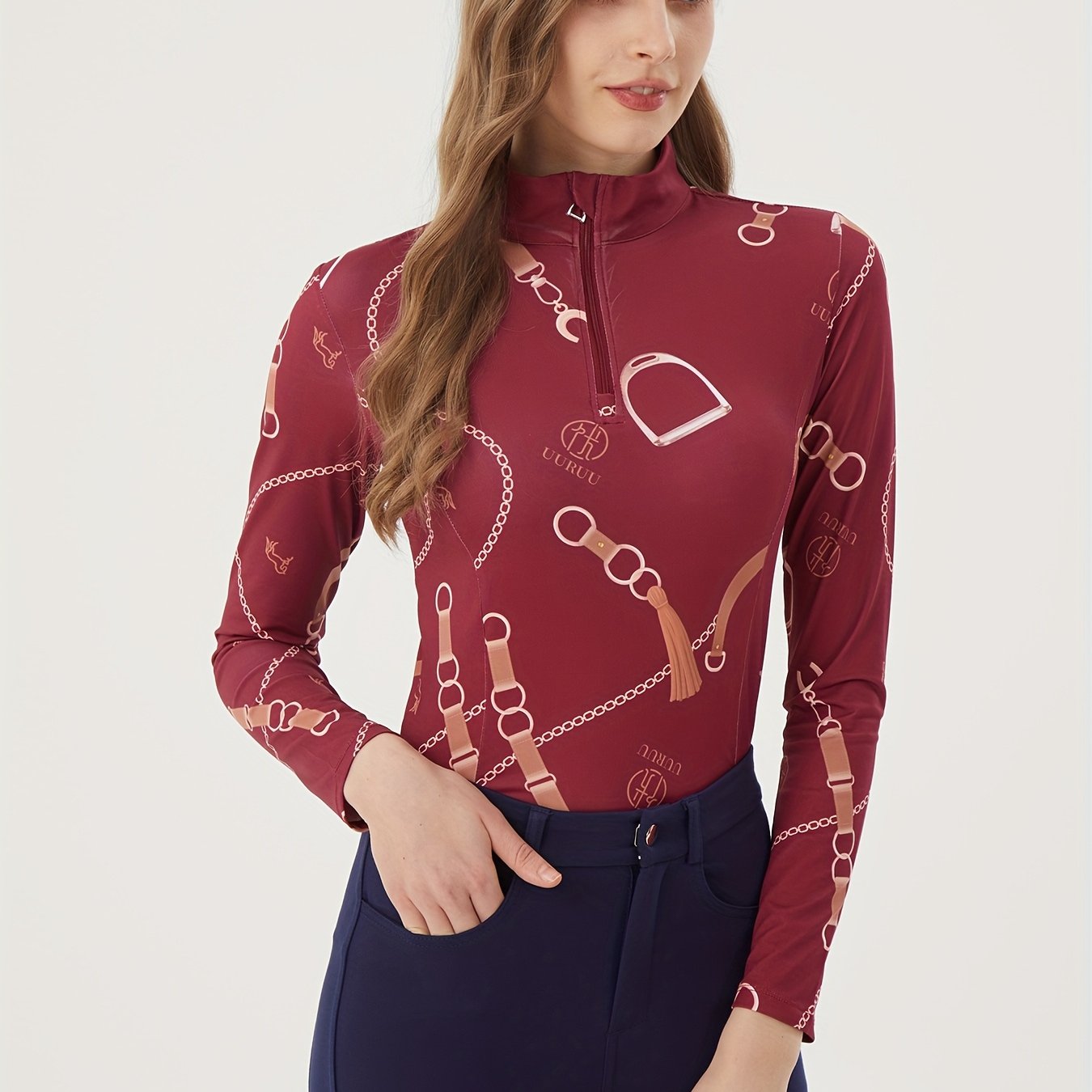 Printed Women's Long Sleeve Equestrian Top, High Stretch Slim Fit Riding Apparel with Contrast Colors and Stand Collar for Horse Competitions - May Have White Stains from Printing