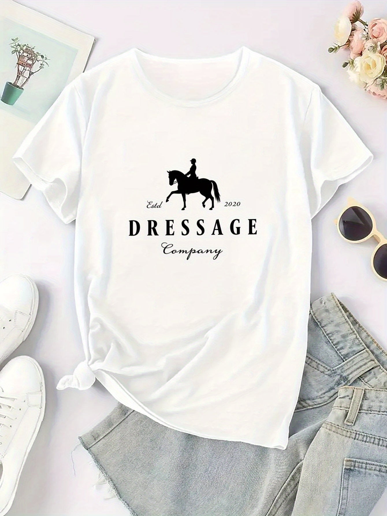Women'S Elegant Dressage Graphic T-Shirt - White Tee with Black Dressage Text, Soft Breathable Polyester Blend Shirt for Equestrian Events, Casual Attire & Casual Outfits - All-Season Women'S Top, Horse T Shirt, Outdoor Activ