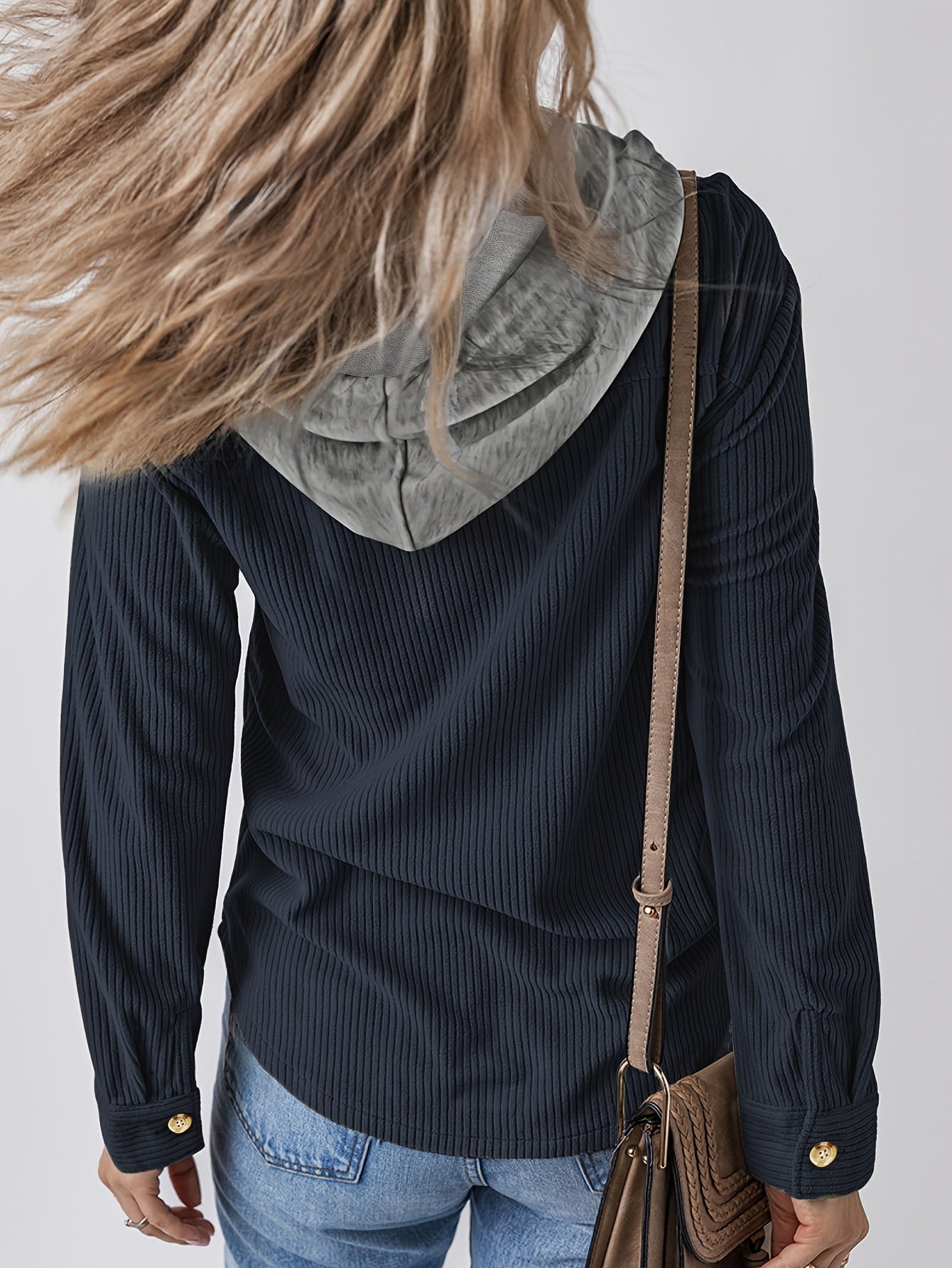 Women'S Casual Long Sleeve Hooded Jacket - Solid Color Black, Button-Up Front, Cozy Fall/Winter Outerwear with Drawstring Hood, Buttoned Cuffs, and Chest Pockets, Casual Wear Hoodie | Minimalist Fashion | Functional Pockets