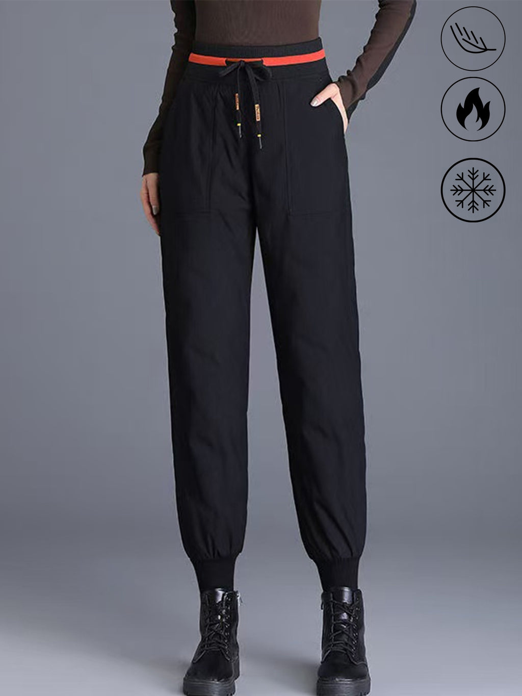 Women's Thermal Duck Down Pants - High-Waisted Winter Snow Pants with Duck Down Filling, Cuffed Trousers & Contrast Waistband, Elastic Drawstring Waist (No Belt) for Skiing, Snowboarding & Cold Weather (Casual)