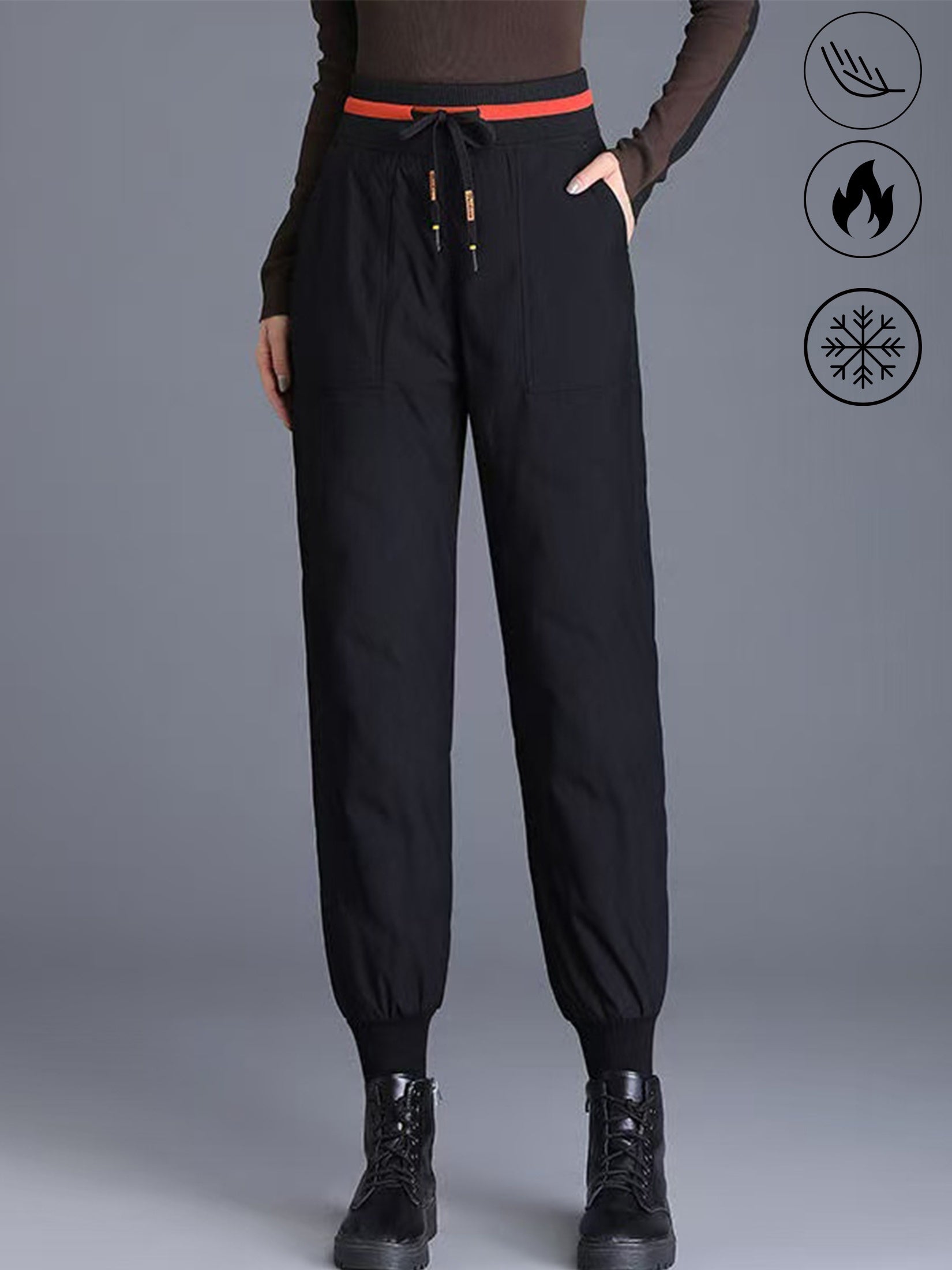 Women's Thermal Duck Down Pants - High-Waisted Winter Snow Pants with Duck Down Filling, Cuffed Trousers & Contrast Waistband, Elastic Drawstring Waist (No Belt) for Skiing, Snowboarding & Cold Weather (Casual)