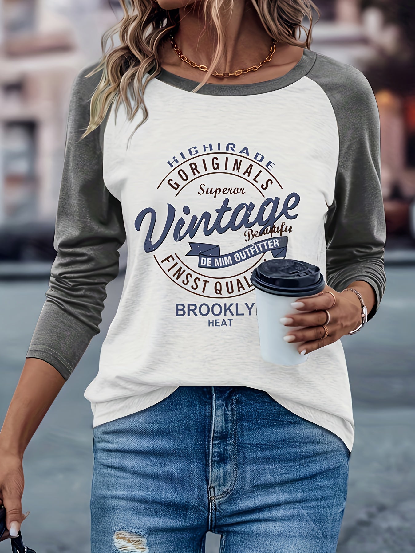 Women's Casual Long Sleeve Crew Neck T-Shirt - Vintage Brooklyn Letter Print, Heather Gray & Beige Color Block, Machine Washable Spring/Fall Top