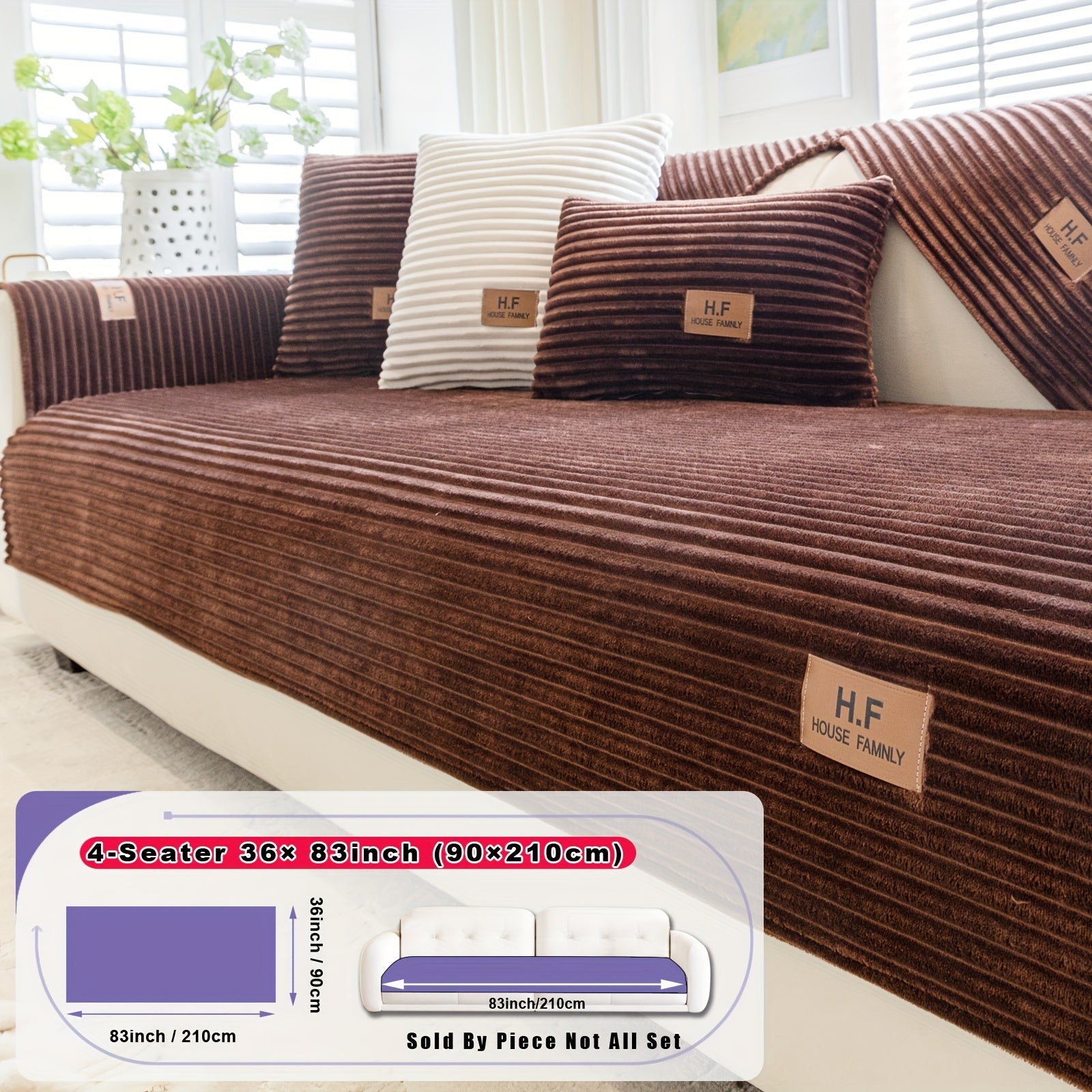 1pc HF Modern Plush Flannel Sofa Cushion Cover - Pet-Friendly Non-Slip Sofa Protector with Striped Design & Leather-Like Patches, Machine Washable Furniture Cover for 3/2/4-Seater, Living Room, Bedroom, Office Decor, Bedroom