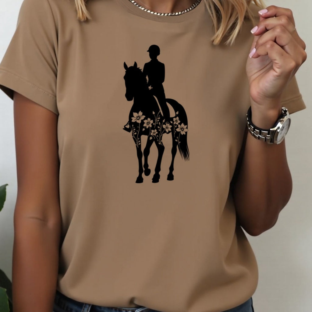 Women'S Equestrian Graphic Tee - Soft Breathable Quick-Dry Polyester Blend T-Shirt, Black with White Horseback Rider Design, All-Season Casual Shirt for Horseback Riding, Everyday Outfits & Themed Events - Easy Care Round Nec