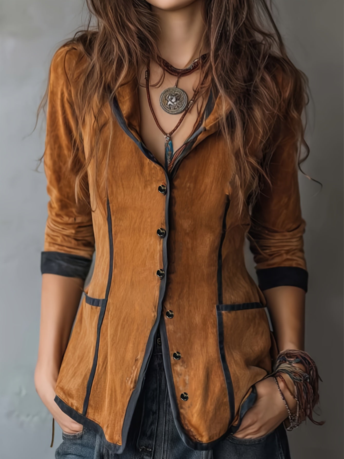 Women's Western Vintage Jacket - Hooded Long Coat with Contrast collar & buttons, All-Season Brown Outerwear for Casual Formal Events - LL168, Versatile Layering, Classic Silhouette, Refined Finish, Fashionconscious Women
