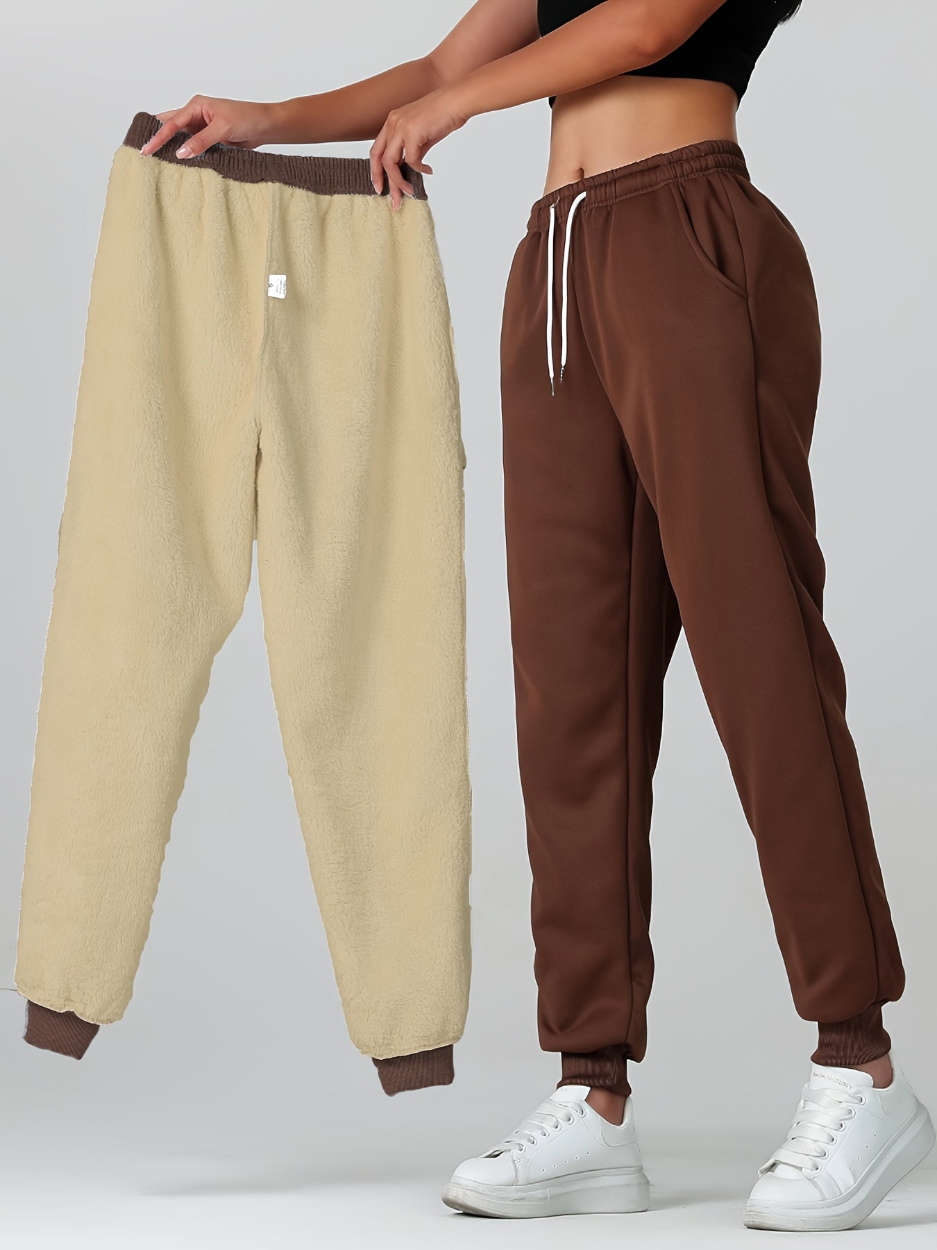 1pc Autumn Winter Women's Long Pants, Fleece-Lined Warm Casual Sports Trousers with Elastic Drawstring Waist, Slant Pockets, Windproof Thermal Cuffed Pants for Winter Daily Home Outing Hiking Leisure Wear