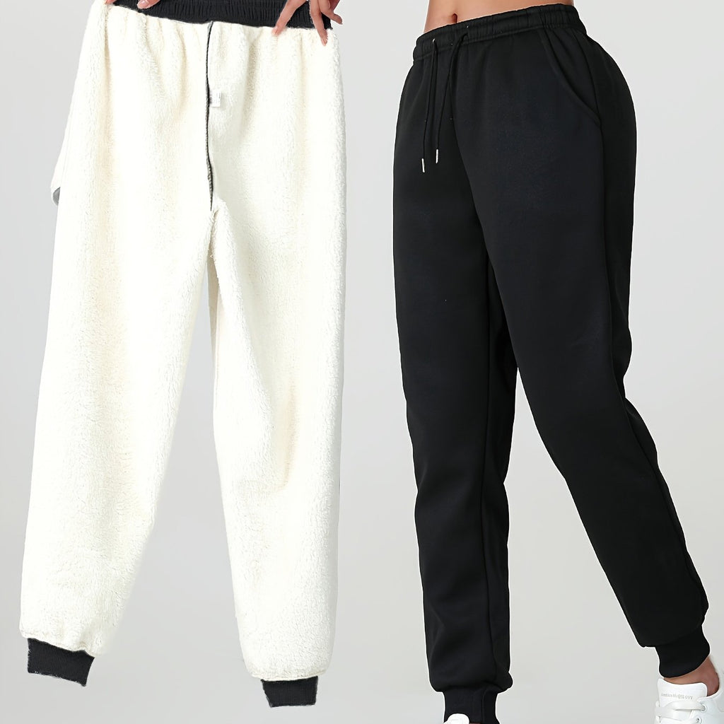 1pc Autumn Winter Women's Long Pants, Fleece-Lined Warm Casual Sports Trousers with Elastic Drawstring Waist, Slant Pockets, Windproof Thermal Cuffed Pants for Winter Daily Home Outing Hiking Leisure Wear