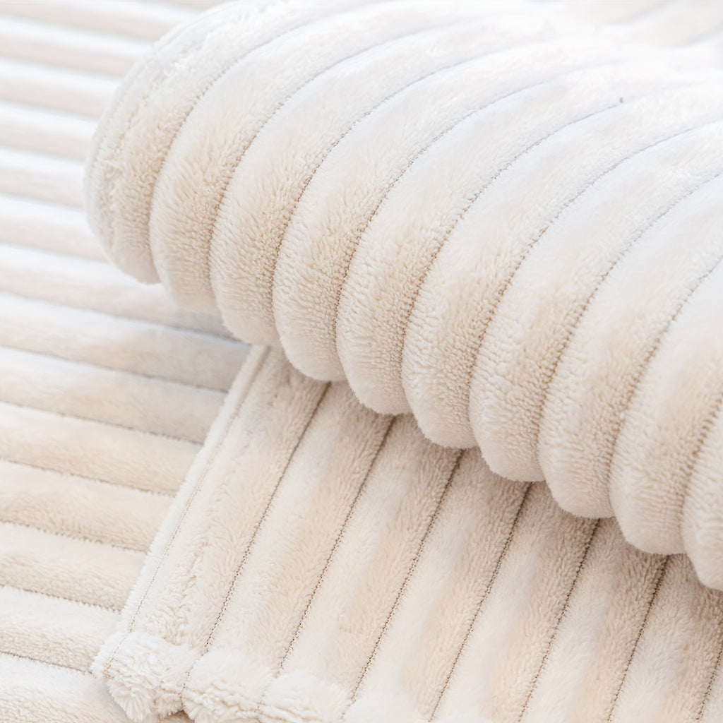 1pc HF Modern Plush Flannel Sofa Cushion Cover - Pet-Friendly Non-Slip Sofa Protector with Striped Design & Leather-Like Patches, Machine Washable Furniture Cover for 3/2/4-Seater, Living Room, Bedroom, Office Decor, Bedroom