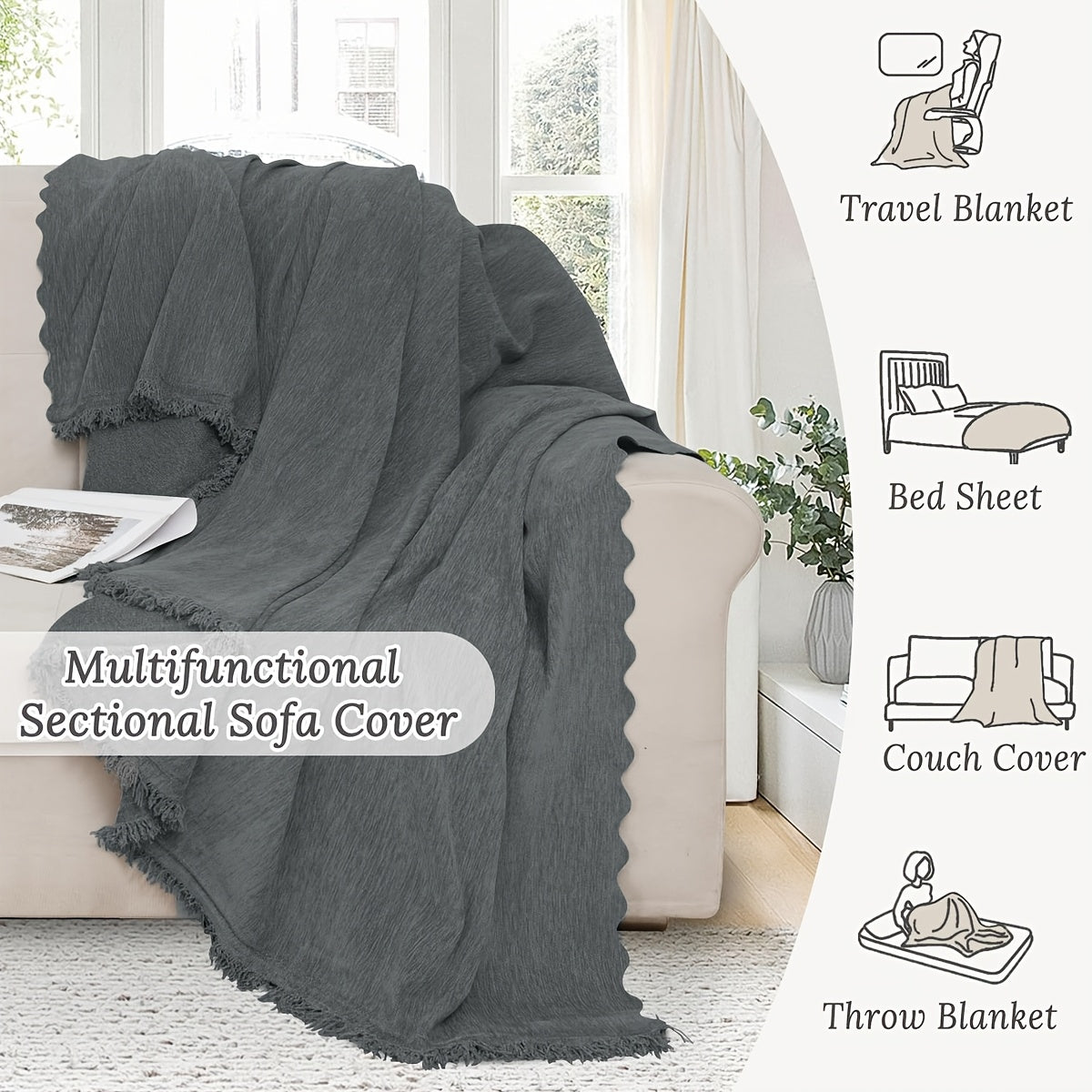 2pcs Chenille Sofa Covers for 2/3/4-Seater & Sectional Sofas - Double-Sided, Machine Washable, Pet-Friendly, Modern Gray & Beige Design with Geometric Patterns, Perfect for Living Room Decor, Sofa Covers for Living Room, Cozy