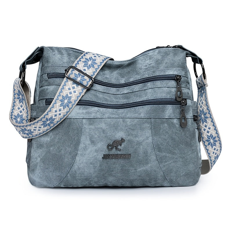 Vintage Style Women'S Shoulder Bag with Adjustable Strap, Multiple Zip Compartments, Synthetic Faux Leather, Polyester Lined - Available in Khaki, Black, Blue, Dark Green, Occasion Theme with Occasion Closure