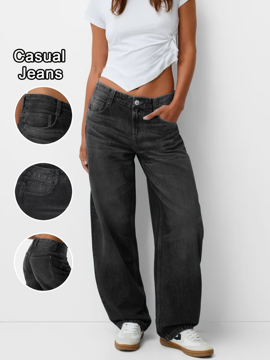 Women'S Y2K Vintage Washed Denim Jeans - Low-Rise Baggy Straight-Leg Pants, Non-Stretch Comfort Fit for Casual & Streetwear, Retro 90s Style, Light Blue, Button Closure, All-Season Wear, Casual Attire Jeans | Vintage Washed J