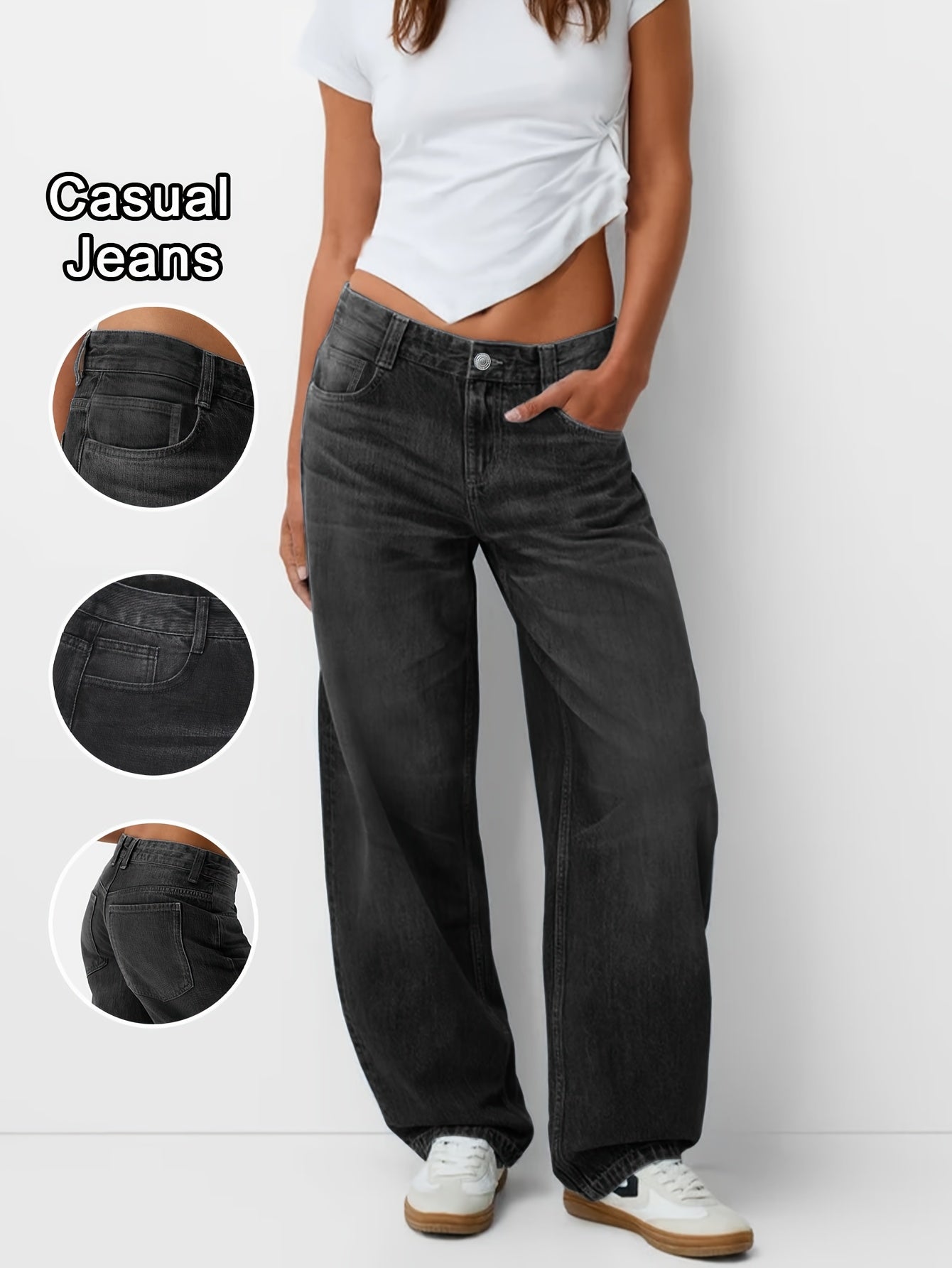 Women'S Y2K Vintage Washed Denim Jeans - Low-Rise Baggy Straight-Leg Pants, Non-Stretch Comfort Fit for Casual & Streetwear, Retro 90s Style, Light Blue, Button Closure, All-Season Wear, Casual Attire Jeans | Vintage Washed J