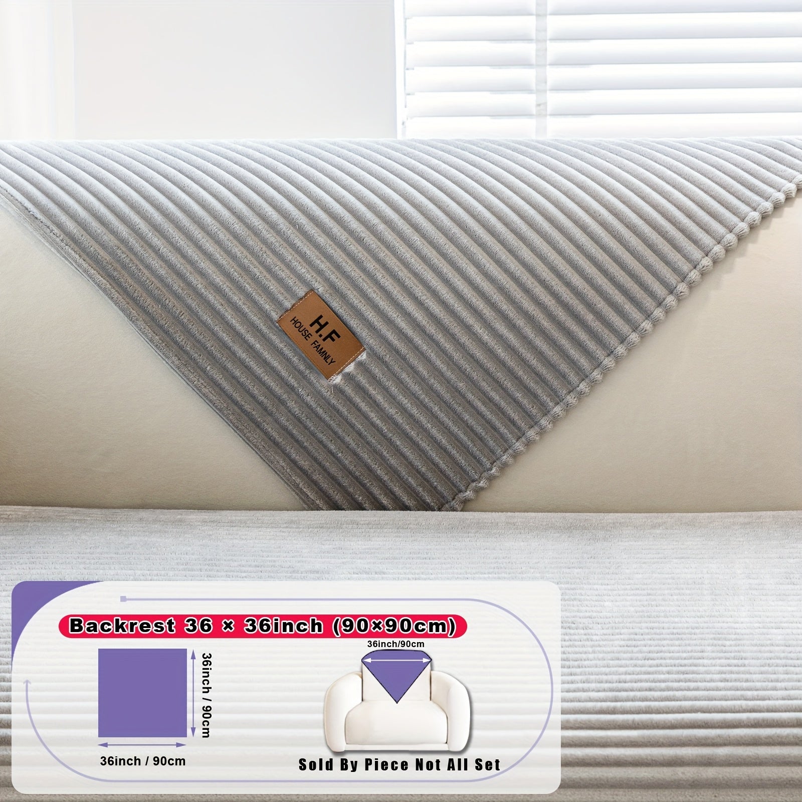 1pc HF Modern Plush Flannel Sofa Cushion Cover - Pet-Friendly Non-Slip Sofa Protector with Striped Design & Leather-Like Patches, Machine Washable Furniture Cover for 3/2/4-Seater, Living Room, Bedroom, Office Decor, Bedroom