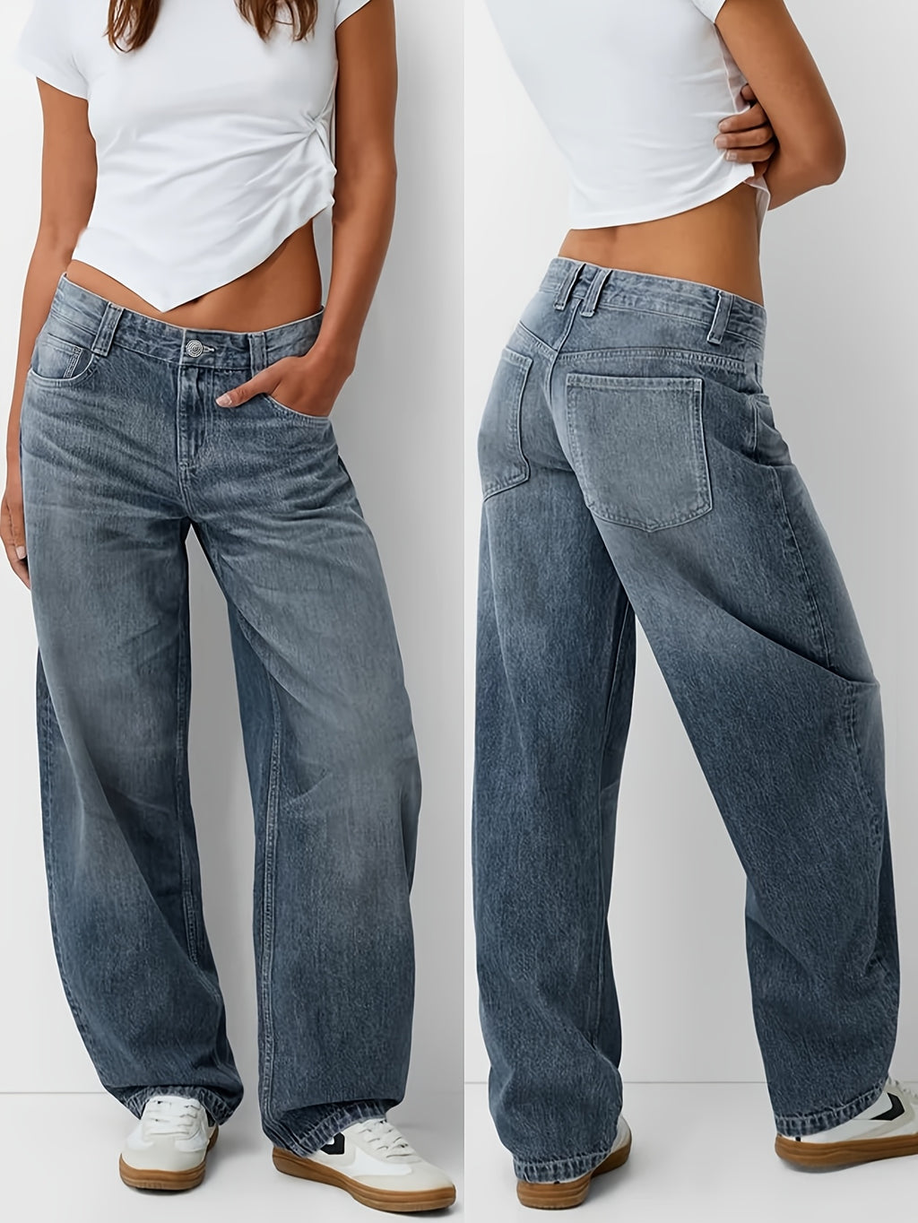 Women'S Y2K Vintage Washed Denim Jeans - Low-Rise Baggy Straight-Leg Pants, Non-Stretch Comfort Fit for Casual & Streetwear, Retro 90s Style, Light Blue, Button Closure, All-Season Wear, Casual Attire Jeans | Vintage Washed J