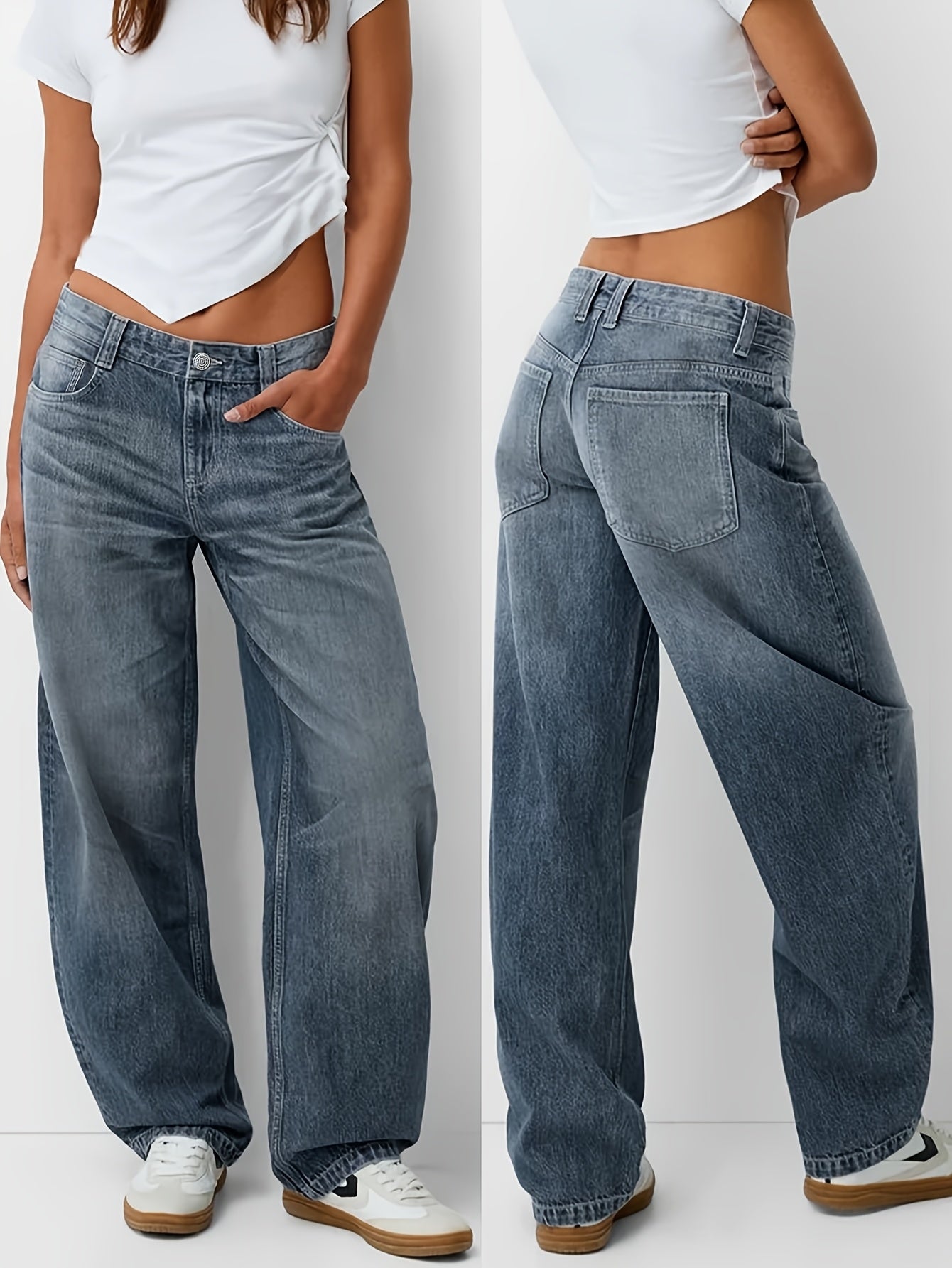 Women'S Y2K Vintage Washed Denim Jeans - Low-Rise Baggy Straight-Leg Pants, Non-Stretch Comfort Fit for Casual & Streetwear, Retro 90s Style, Light Blue, Button Closure, All-Season Wear, Casual Attire Jeans | Vintage Washed J