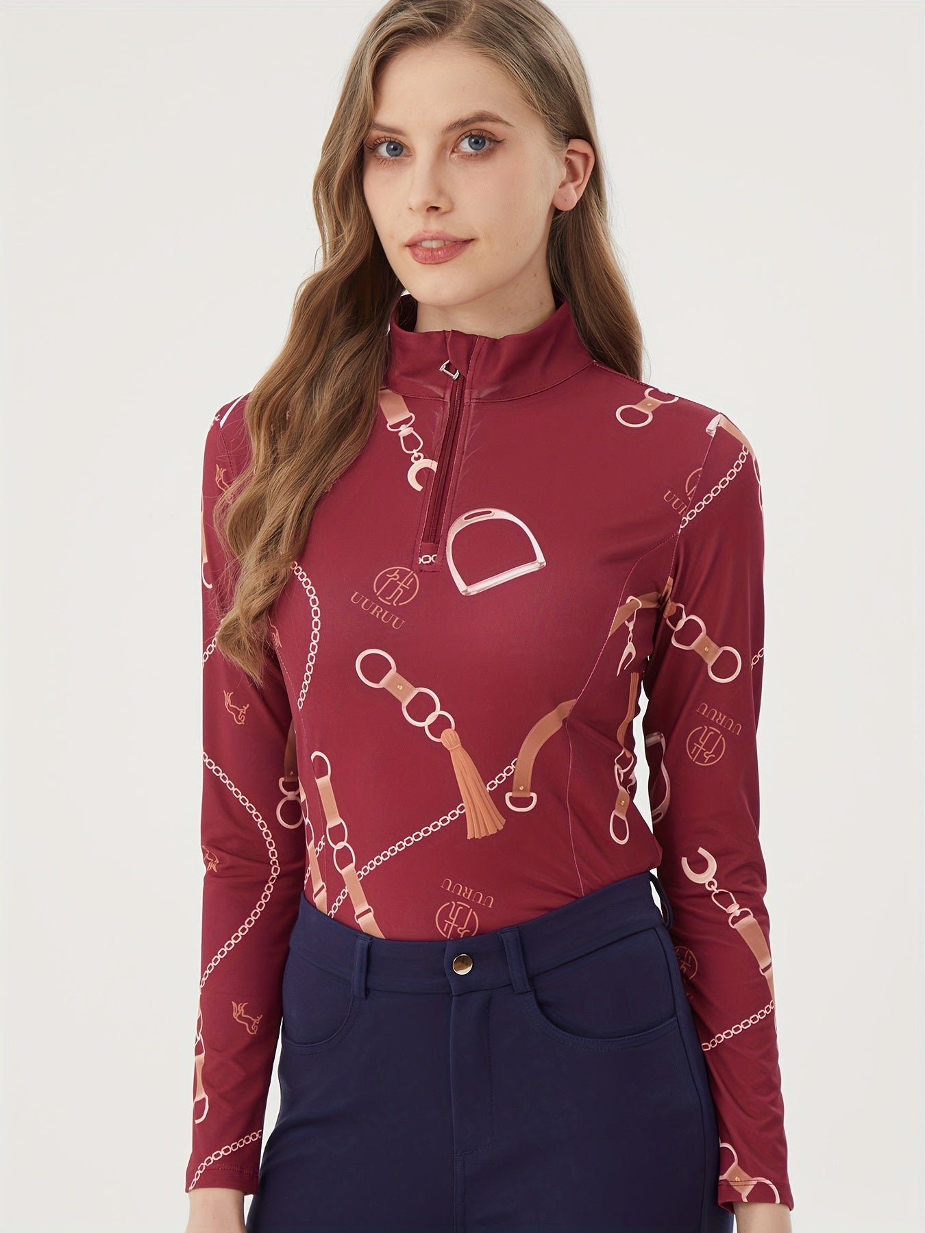 Printed Women's Long Sleeve Equestrian Top, High Stretch Slim Fit Riding Apparel with Contrast Colors and Stand Collar for Horse Competitions - May Have White Stains from Printing
