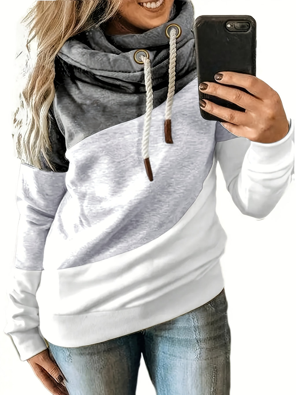 1pc Women'S Plus Size Casual Patchwork Hoodie - Polyester Knit Fabric with Slight Stretch, Hooded Collar, Long Sleeve Pullover for Fall/Winter