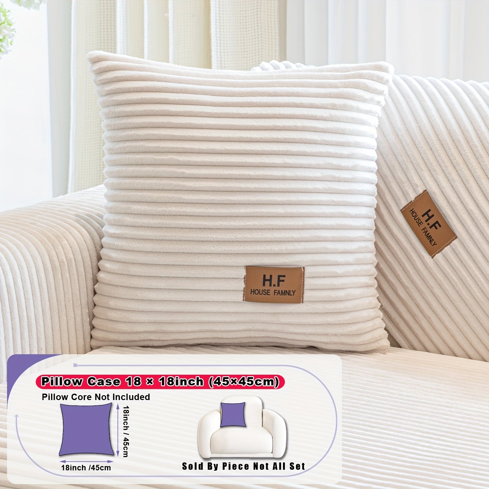 1pc HF Modern Plush Flannel Sofa Cushion Cover - Pet-Friendly Non-Slip Sofa Protector with Striped Design & Leather-Like Patches, Machine Washable Furniture Cover for 3/2/4-Seater, Living Room, Bedroom, Office Decor, Bedroom