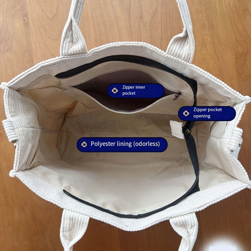 Women'S Corduroy Tote Bag - Stylish Striped Design with Zipper Closure, Thick and Durable, Perfect for Work, School, or Casual Use, Hand Wash Only, Everyday Tote Bag|Vintage Charm Bag|Soft Texture Ba