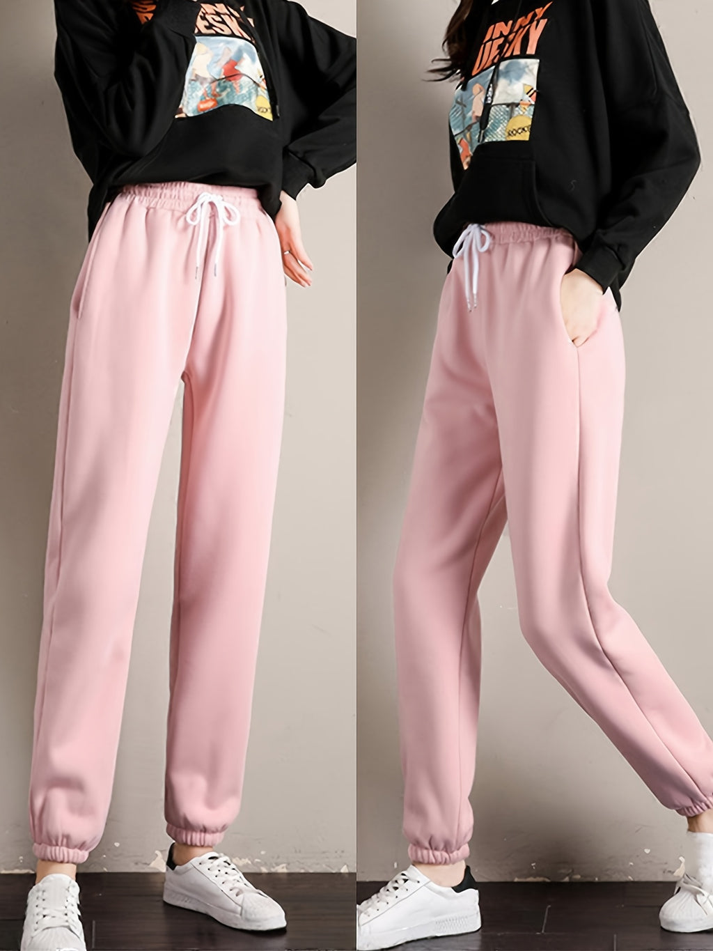 1pc Autumn Winter Women's Long Pants, Fleece-Lined Warm Casual Sports Trousers with Elastic Drawstring Waist, Slant Pockets, Windproof Thermal Cuffed Pants for Winter Daily Home Outing Hiking Leisure Wear