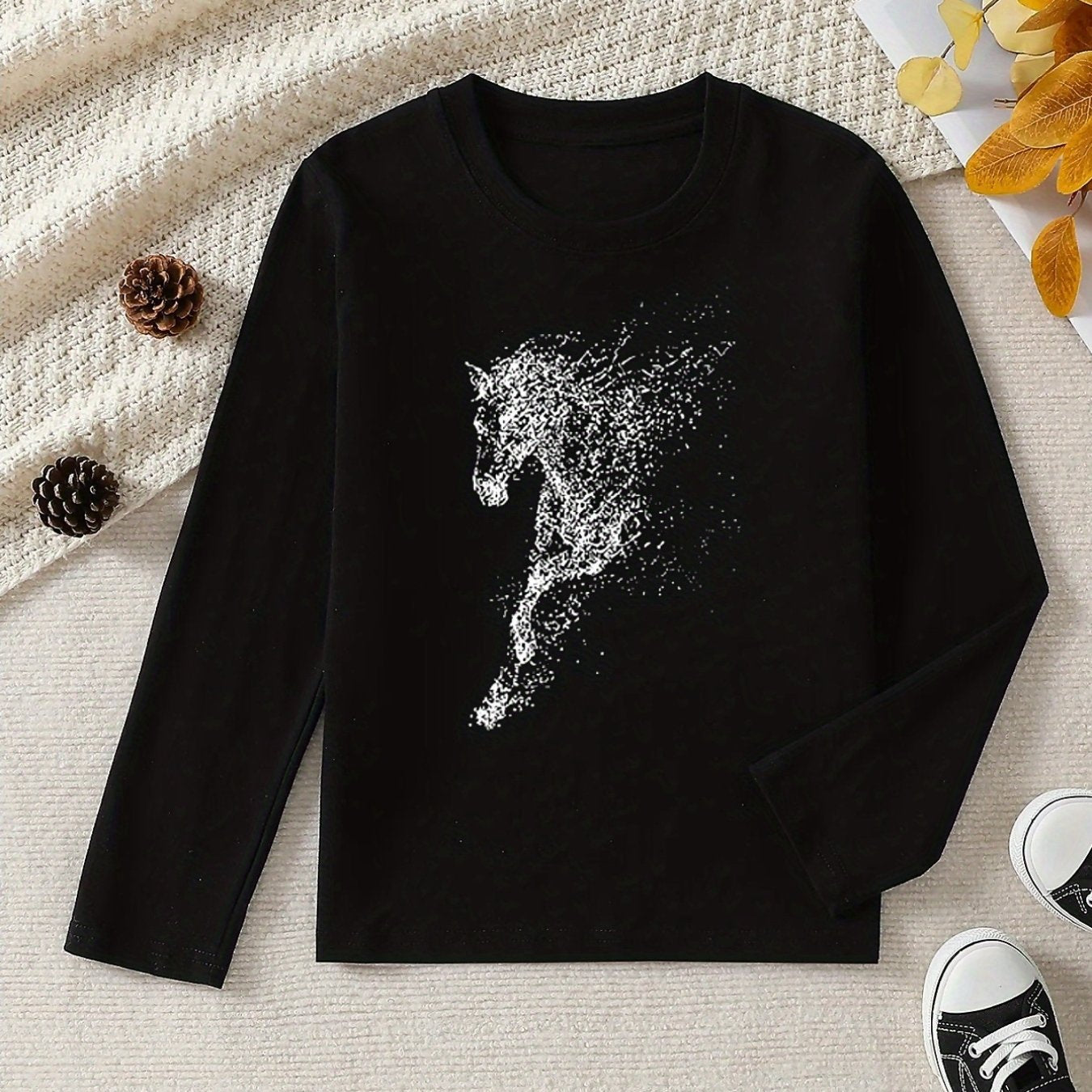 Girls' 100% Cotton Long Sleeve T-Shirt - Soft & Breathable Everyday Top with Horse & Rider Equestrian Print, Round Neck Casual Pink Blouse for Home, Outdoor & Sports | All-Season Comfort, Machine Washable, Ideal for Horseback