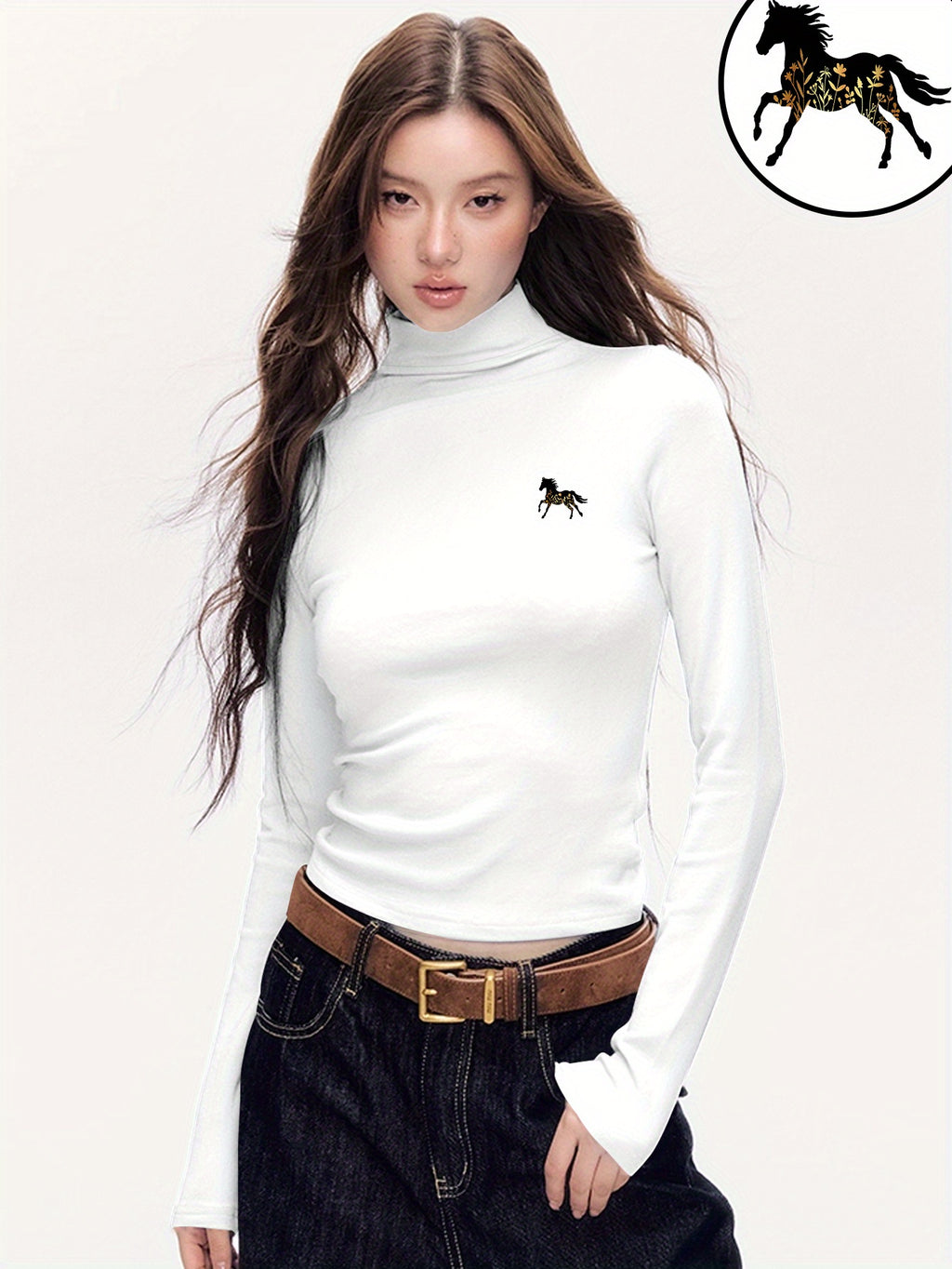 Women'S Elegant Half-Turtleneck Long Sleeve T-Shirt - Soft Fleece-Like Fabric, Black with White Horse Silhouette & Golden Accents, Machine Washable, Versatile Casual & Formal Wear, Winter Warmth, 2025 Autumn Winter Essential,