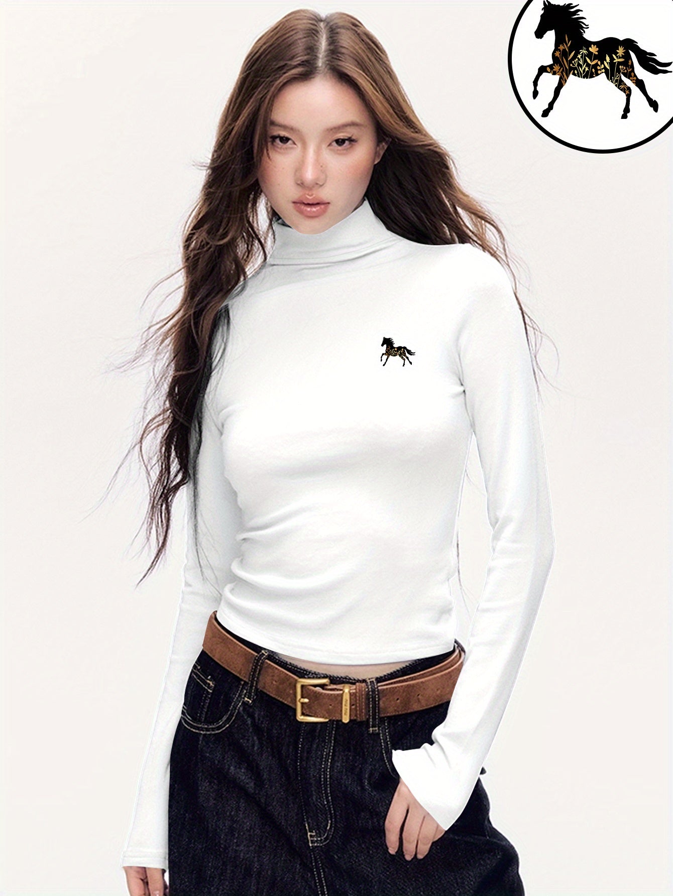 Women'S Elegant Half-Turtleneck Long Sleeve T-Shirt - Soft Fleece-Like Fabric, Black with White Horse Silhouette & Golden Accents, Machine Washable, Versatile Casual & Formal Wear, Winter Warmth, 2025 Autumn Winter Essential,