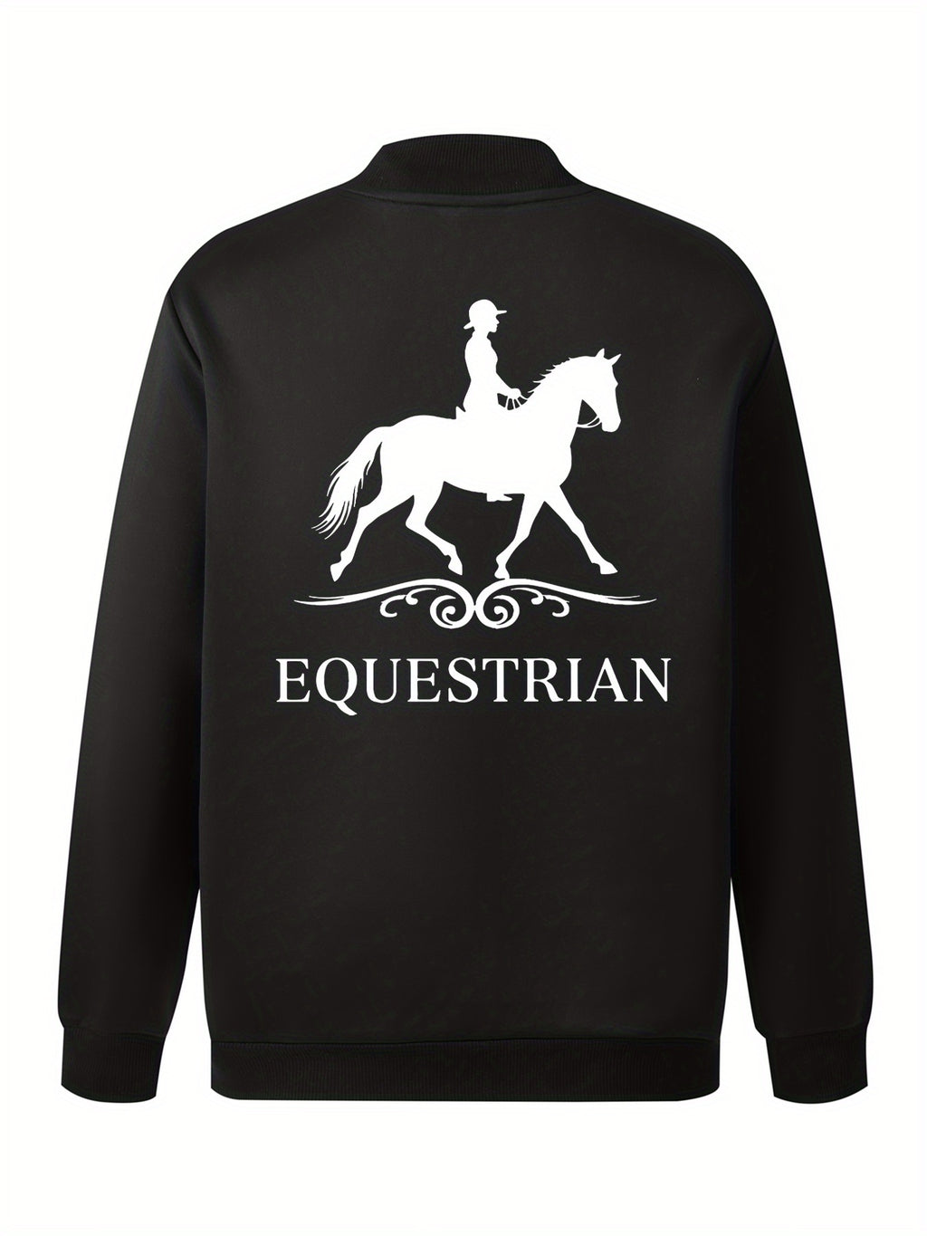 Women's Equestrian Print Casual Jacket - All-Season Comfort with Baseball Collar & Zip-Up Design, Long Sleeve Machine-Washable Coat with Pockets for Outdoor Activities, Equestrian Apparel, Durable Zipper Closure