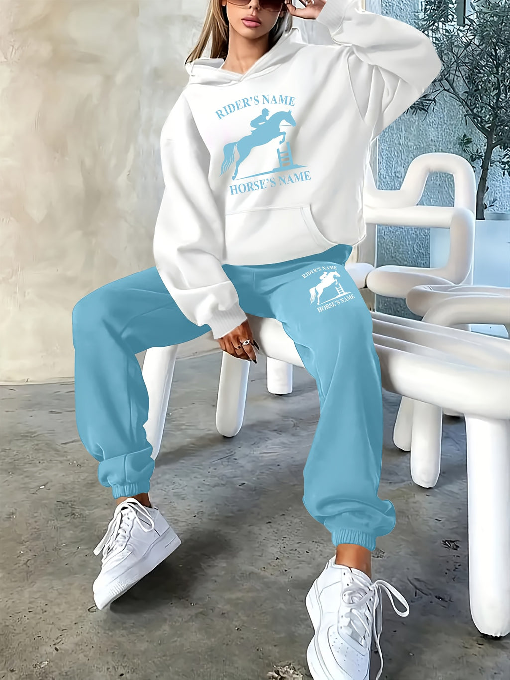 2025 Autumn/Winter New Arrival, Rider and Horse Pattern, Casual Letter Print Loose Warm Long Sleeve Hooded Sweatshirt and Drawstring Pants Women'S Two-Piece Set, Winter Clothing, Casual Wear, Trendy Outfit, Hooded Sweatshirt,