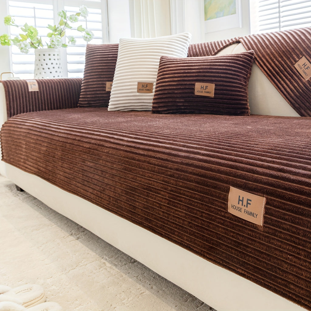 1pc HF Modern Plush Flannel Sofa Cushion Cover - Pet-Friendly Non-Slip Sofa Protector with Striped Design & Leather-Like Patches, Machine Washable Furniture Cover for 3/2/4-Seater, Living Room, Bedroom, Office Decor, Bedroom