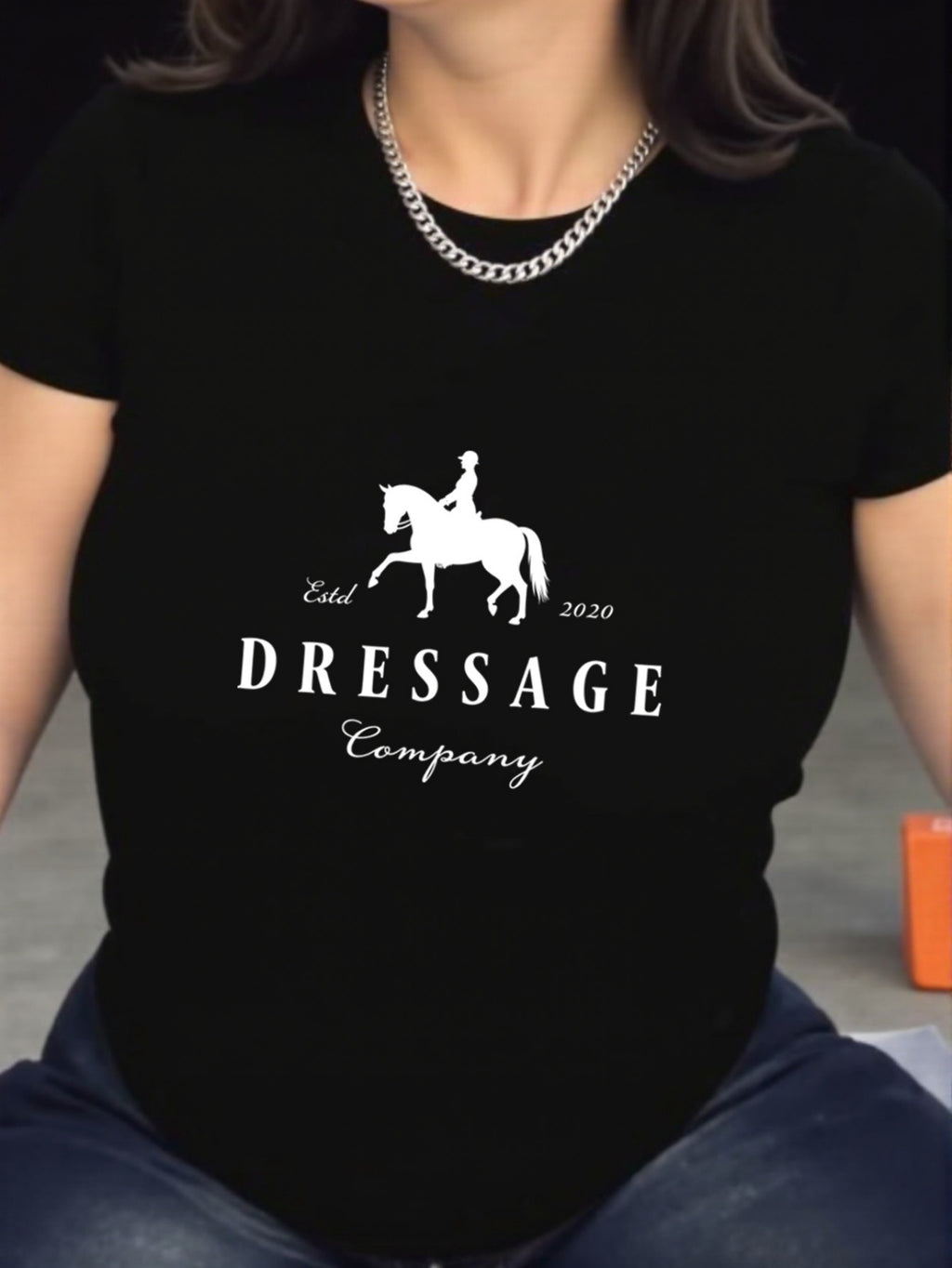 Women'S Elegant Dressage Graphic T-Shirt - White Tee with Black Dressage Text, Soft Breathable Polyester Blend Shirt for Equestrian Events, Casual Attire & Casual Outfits - All-Season Women'S Top, Horse T Shirt, Outdoor Activ